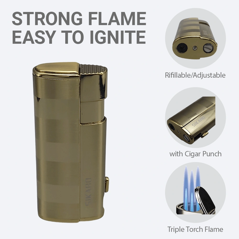 SIKARO Hurricane Triple Torch Lighter Gold with Cigar Punch, Refillable Adjustable Gas Lighter for Cigars, Kitchen, Outdoor view 3
