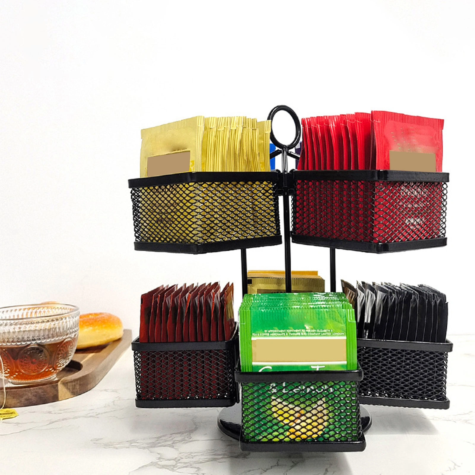 2-Tier Tea Bag Organizer with 8 Removable Baskets, Rotating Tea Bag Rack Stores Up to 96 Teabags, Black for Kitchen