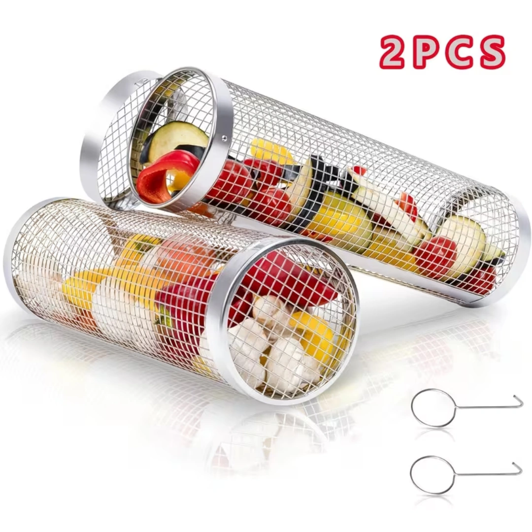 2-Pack Extra Large BBQ Vegetable Grill Baskets, Stainless Steel Mesh Rotating Grilling Cages with Handles, Round BBQ Cooking Basket for Outdoor Grill, Smoker, Camping