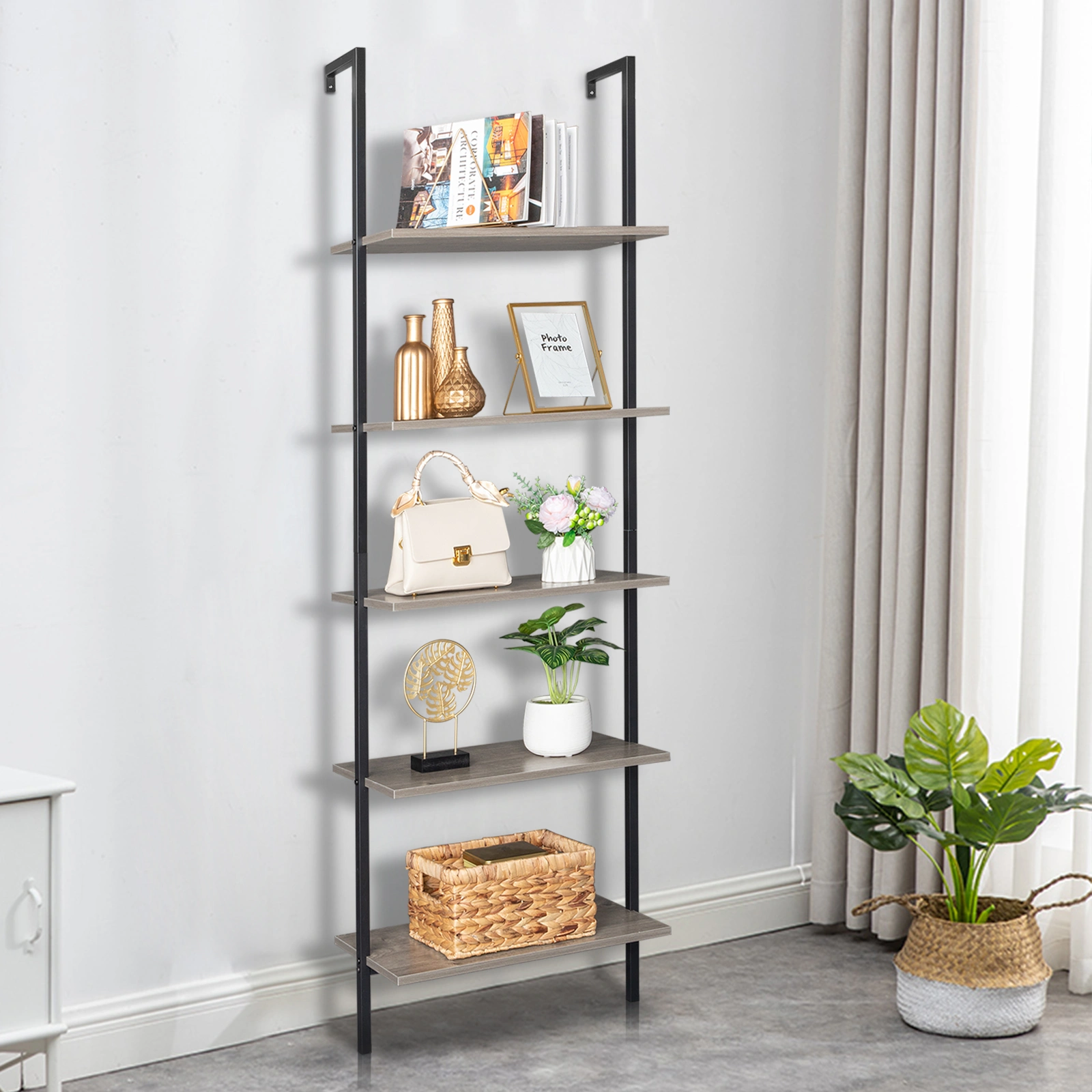 5-Shelf Wood Ladder Bookcase with Metal Frame, Industrial 5-Tier Modern Ladder Shelf, Gray