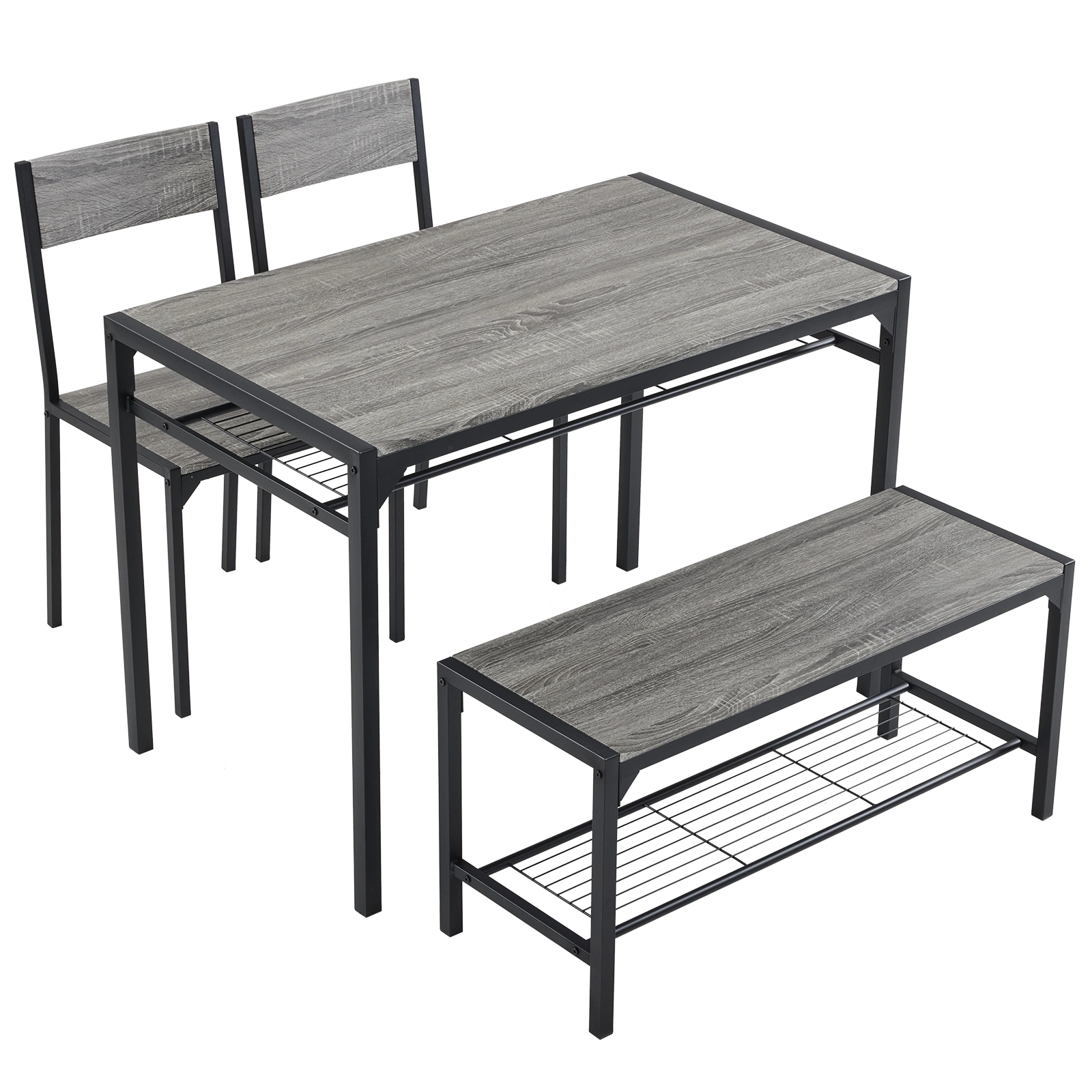 4-Piece Dining Table Set for 4, Kitchen Table with 2 Chairs & Bench, Gray Compact Table for Small Spaces, Apartment, Home, Bar, Pub