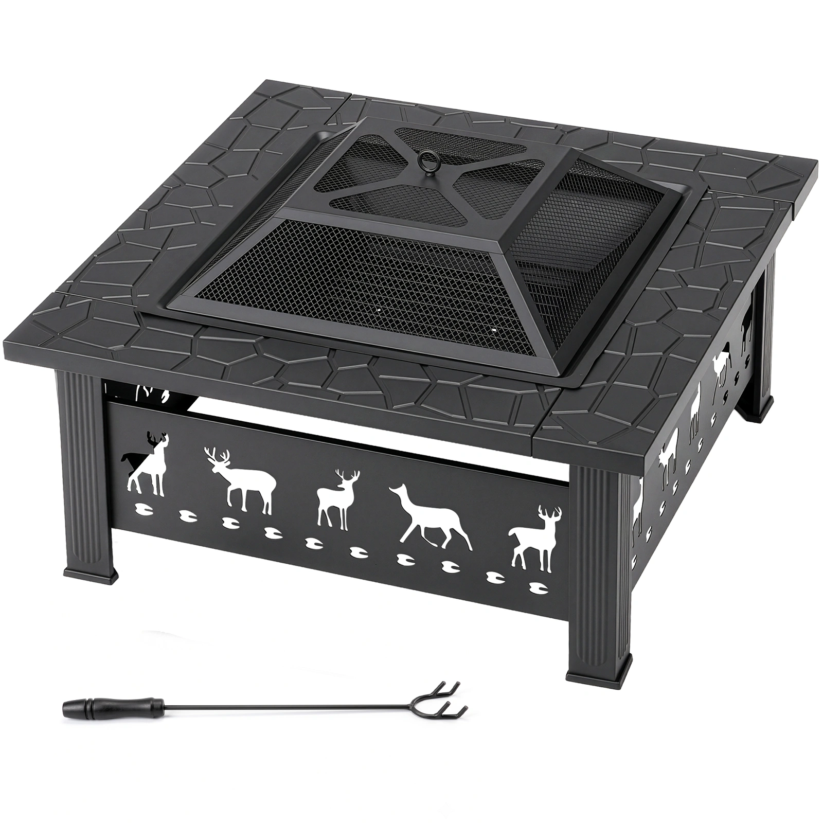 32" Square Outdoor Wood Burning Fire Pit Table, Heavy Duty Wrought Iron Firepit w/ Pyramid Spark Screen Lid & Fire Poker, Elk Cutout Patio Fire Pit, Black