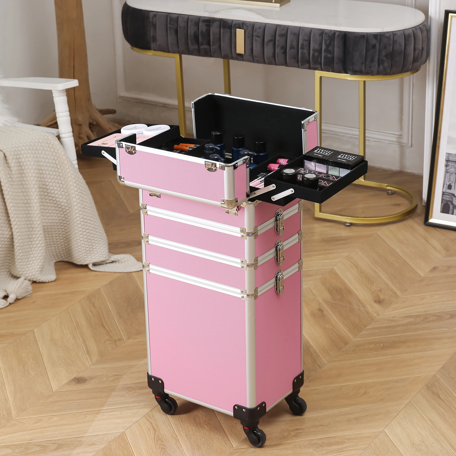 4-in-1 Aluminum Cosmetic Makeup Case, Tattoo Storage Box in Pink