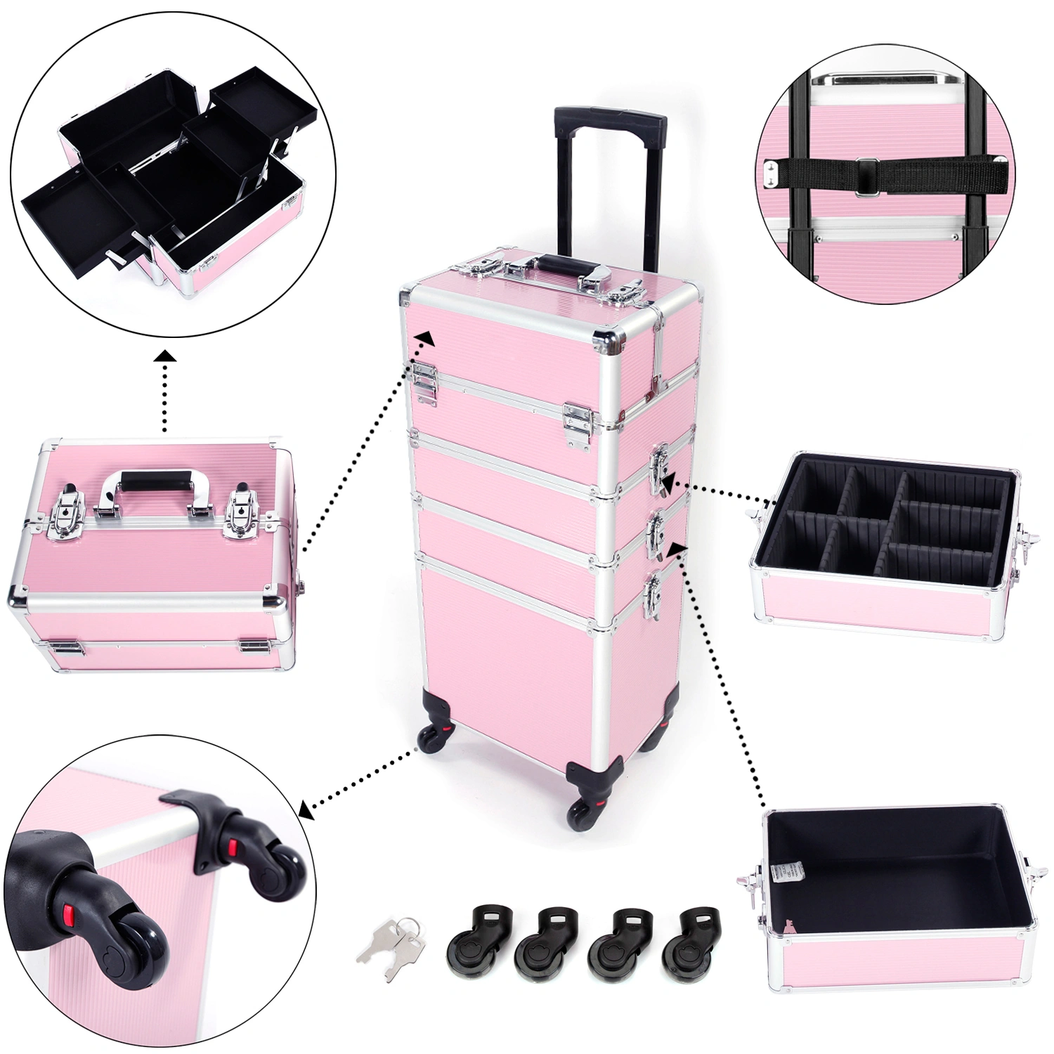 4-in-1 Aluminum Cosmetic Makeup Case, Tattoo Storage Box in Pink view 2