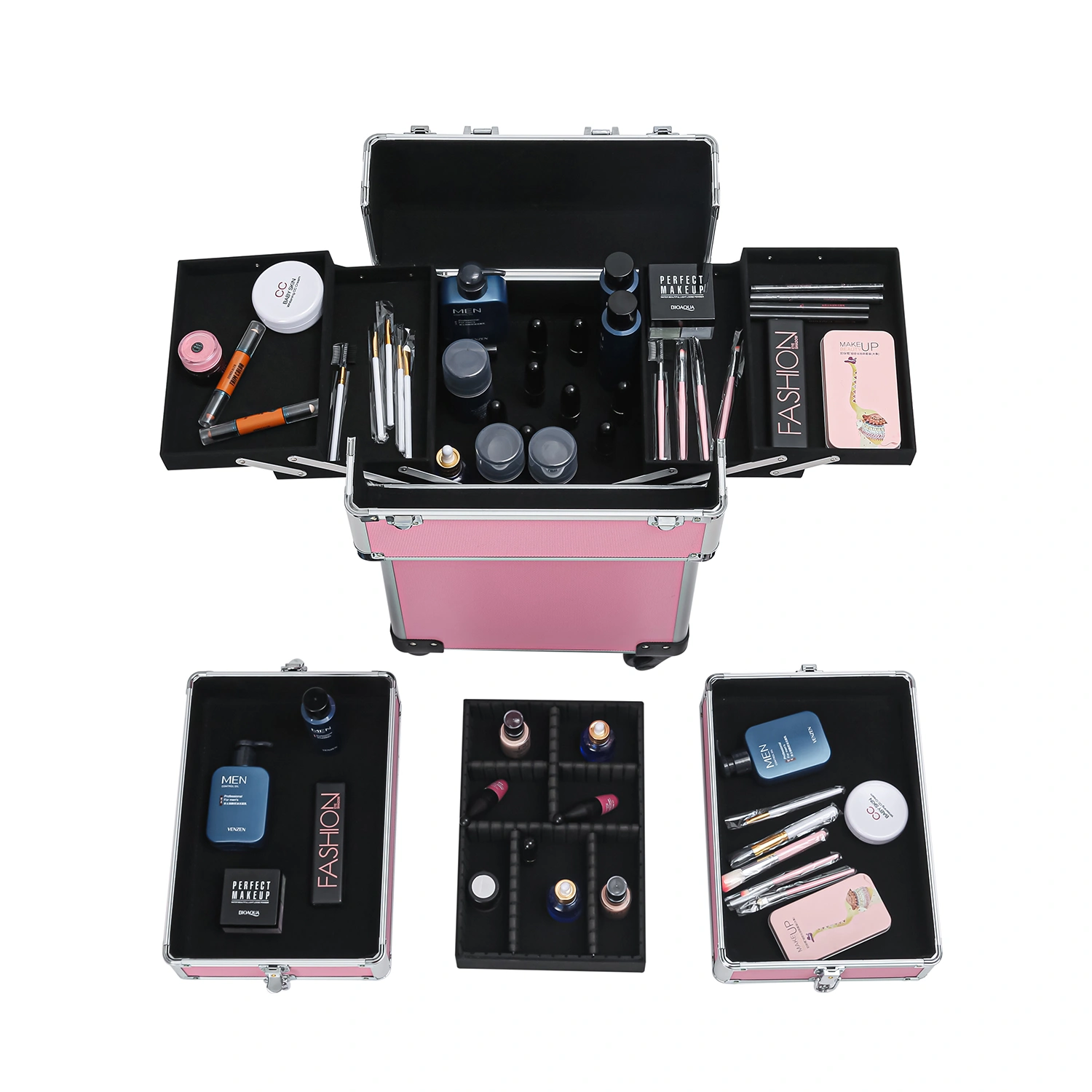 4-in-1 Aluminum Cosmetic Makeup Case, Tattoo Storage Box in Pink view 24