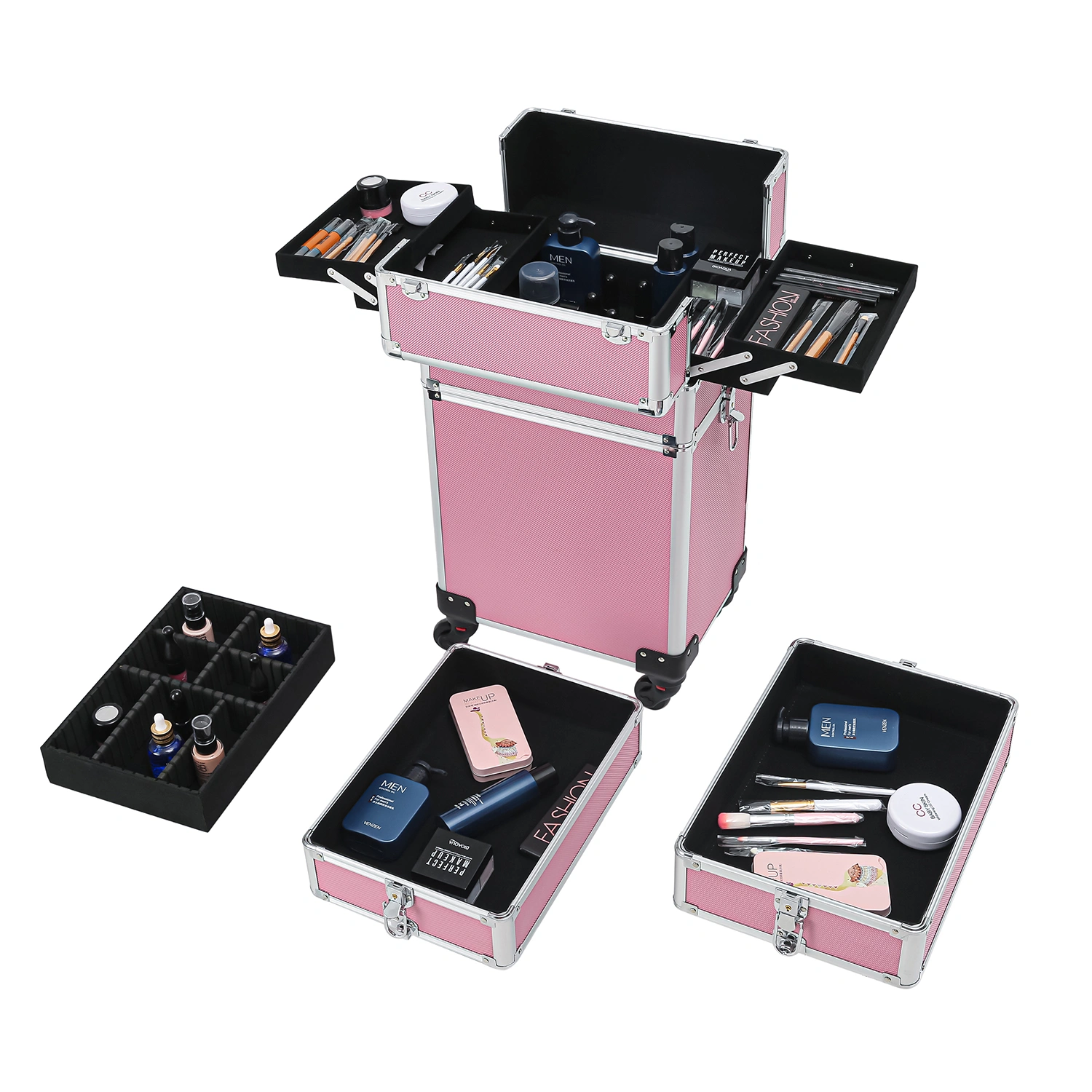 4-in-1 Aluminum Cosmetic Makeup Case, Tattoo Storage Box in Pink view 25