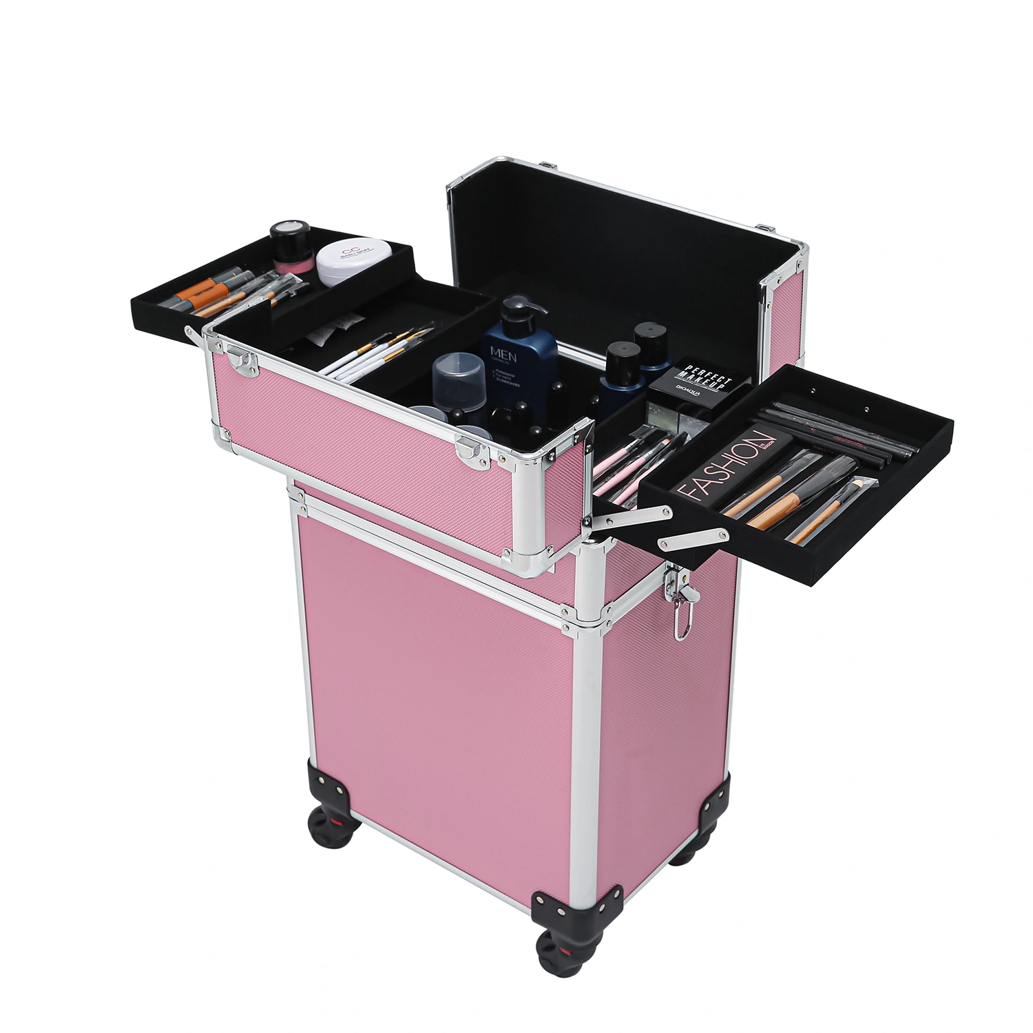 4-in-1 Aluminum Cosmetic Makeup Case, Tattoo Storage Box in Pink view 26