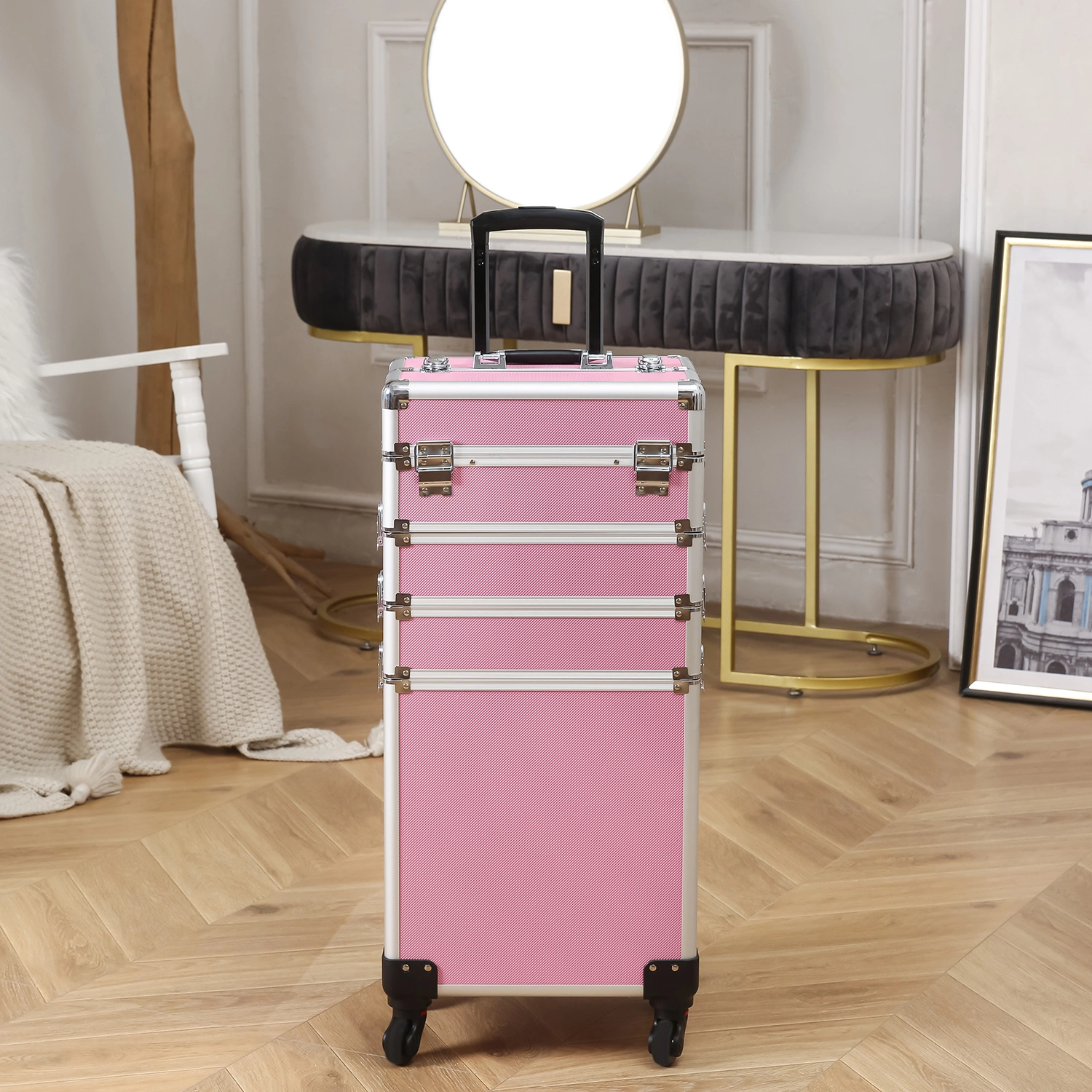 4-in-1 Aluminum Cosmetic Makeup Case, Tattoo Storage Box in Pink view 35