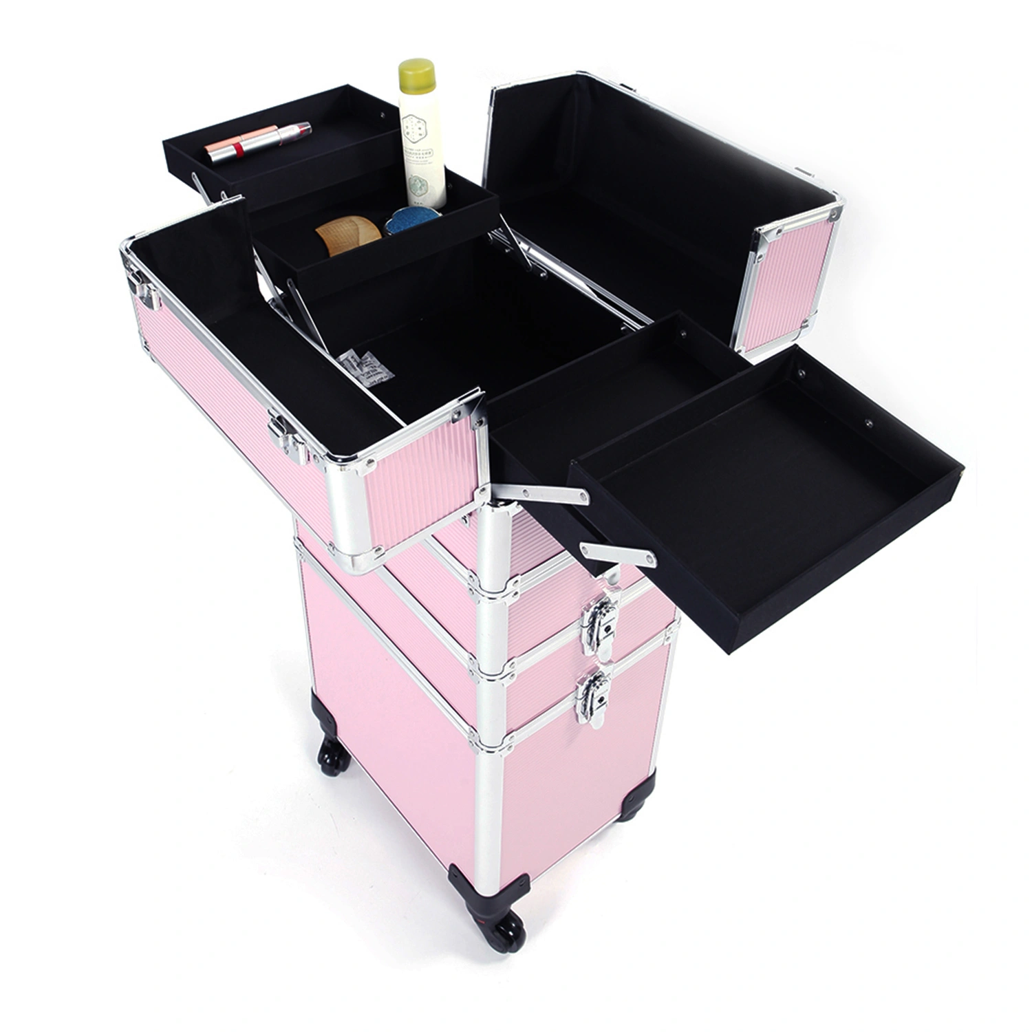 4-in-1 Aluminum Cosmetic Makeup Case, Tattoo Storage Box in Pink view 9
