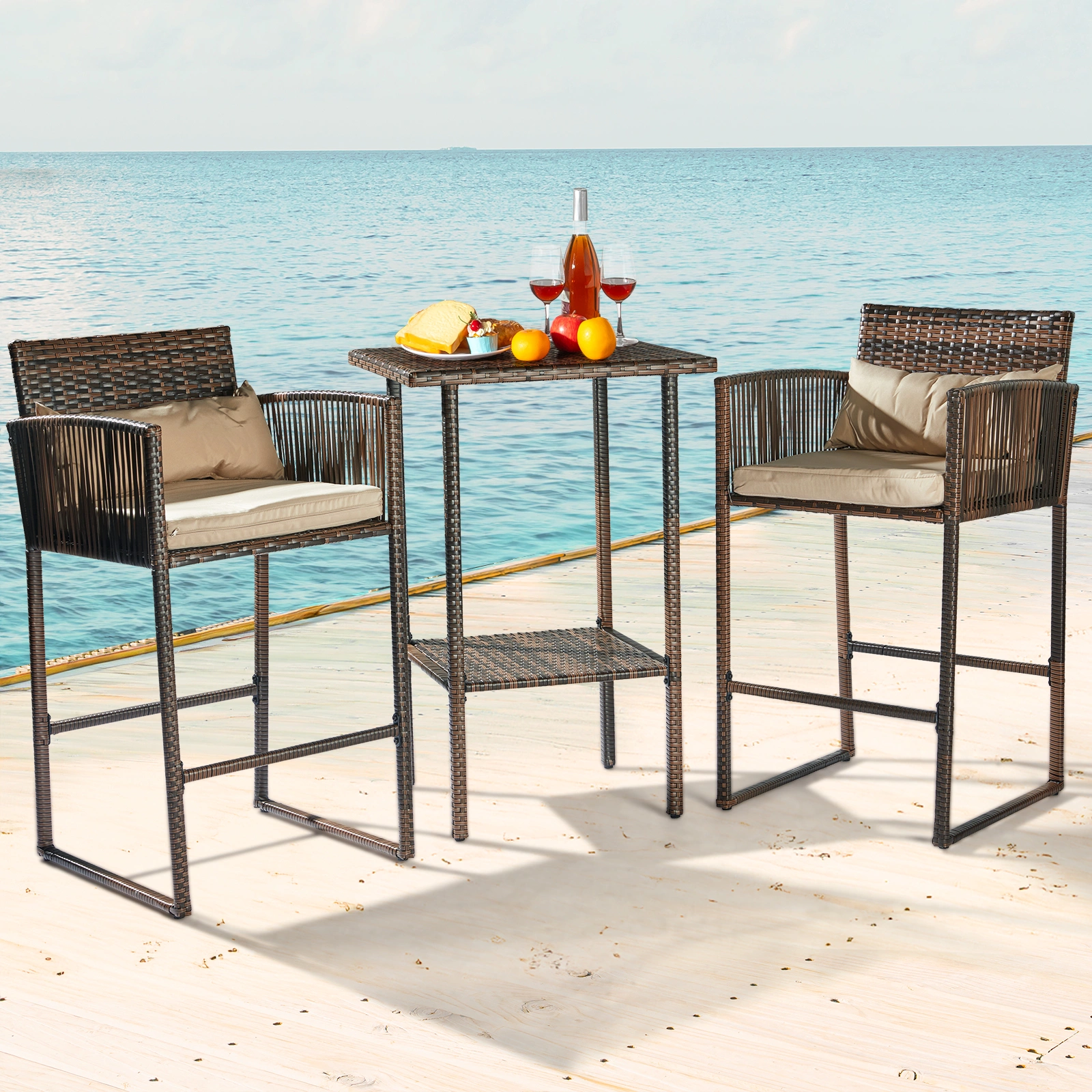 3 Piece Outdoor Patio Bar Set, High Top Wicker Bar Stools & Table, Brown Gradient Rattan with Beige Cushions