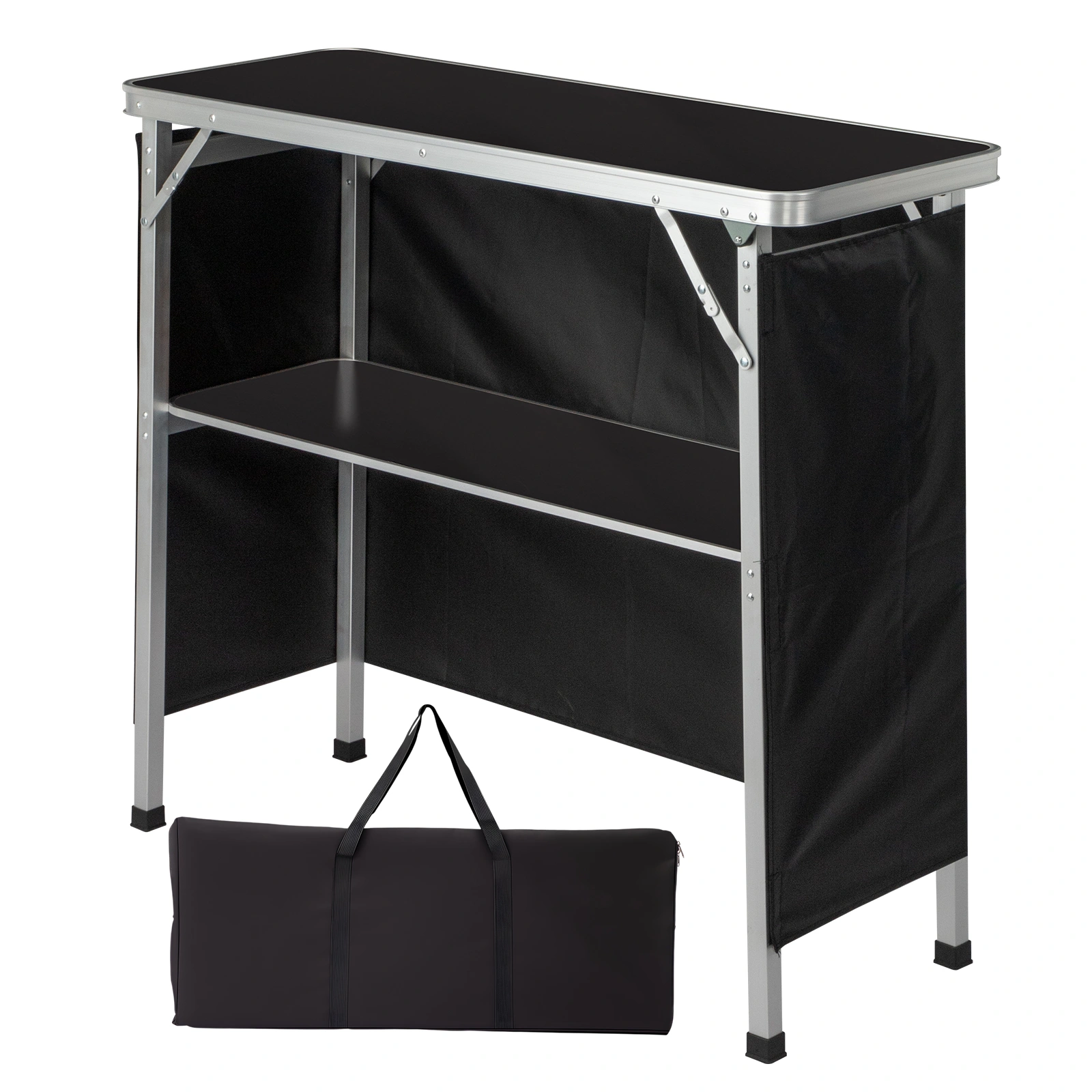Portable Folding Bar Table with Shelf & Storage Bag, Black Tradeshow Podium Table with Skirt for Indoor Outdoor Parties Exhibitions Picnics