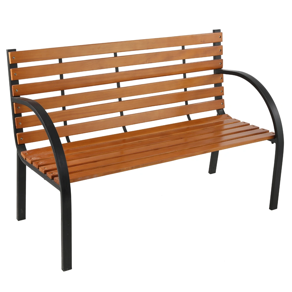 48" Slotted Hardwood Patio Bench with Cast Iron Steel Frame Outdoor Garden Park Seat