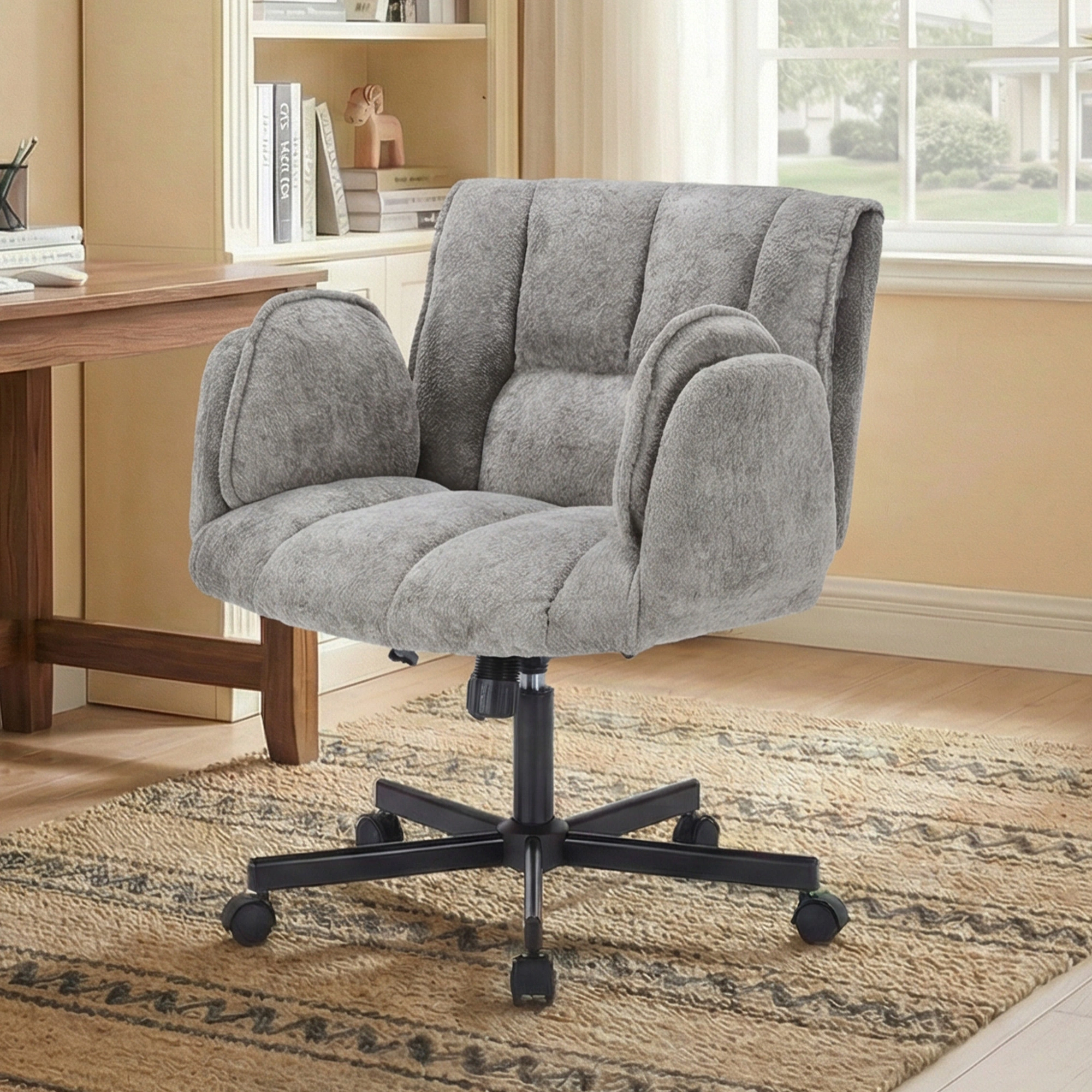 Home office chair, swivel chair, desk chair with casters, rotatable office chair with foldable armrests, load capacity 150kg, height adjustable, Grey