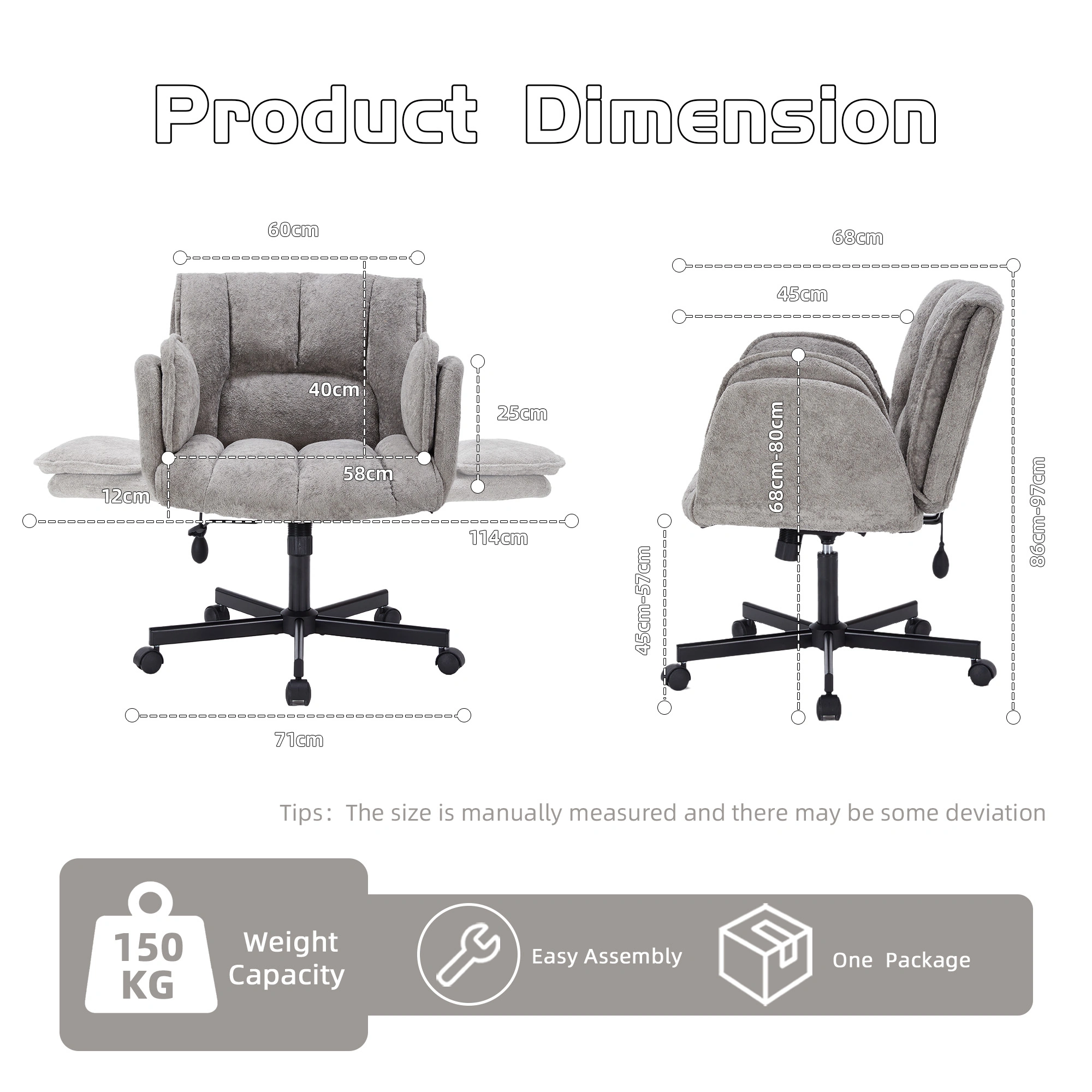Home office chair, swivel chair, desk chair with casters, rotatable office chair with foldable armrests, load capacity 150kg, height adjustable, Grey view 3