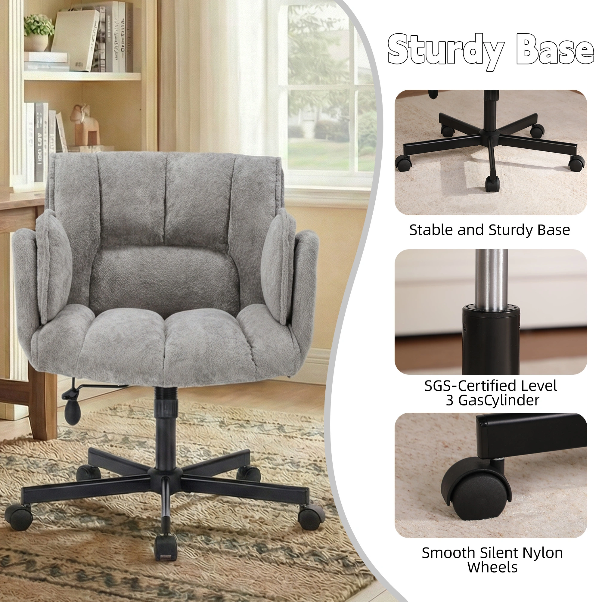 Home office chair, swivel chair, desk chair with casters, rotatable office chair with foldable armrests, load capacity 150kg, height adjustable, Grey view 5