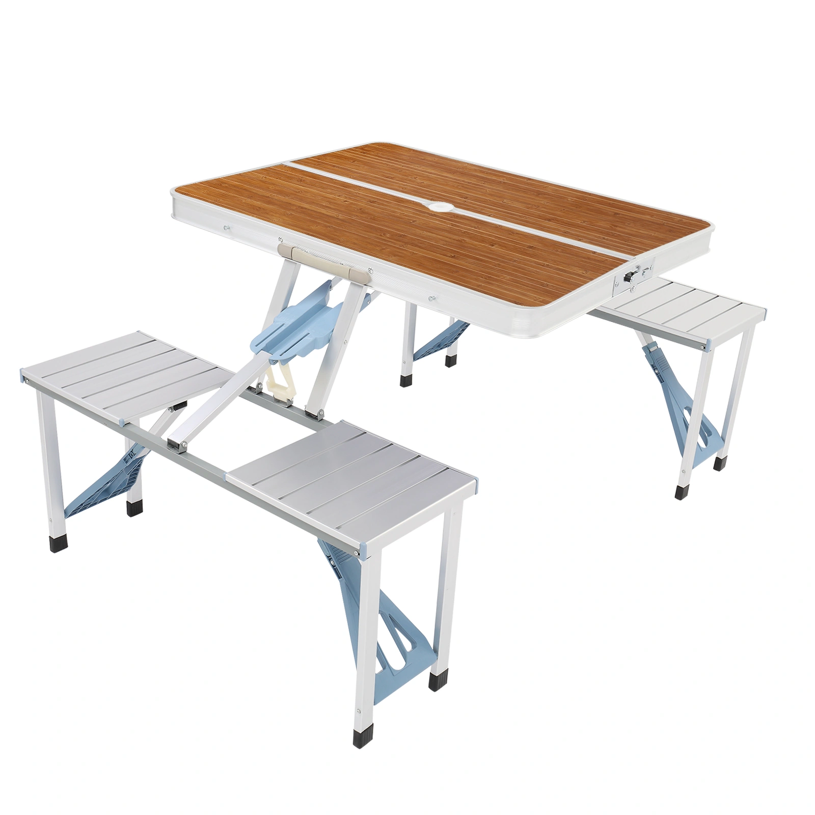 136x85.5x67cm Aluminum Alloy Camping Table and Chair Set 50kg, One-Piece Wood Grain Outdoor Furniture