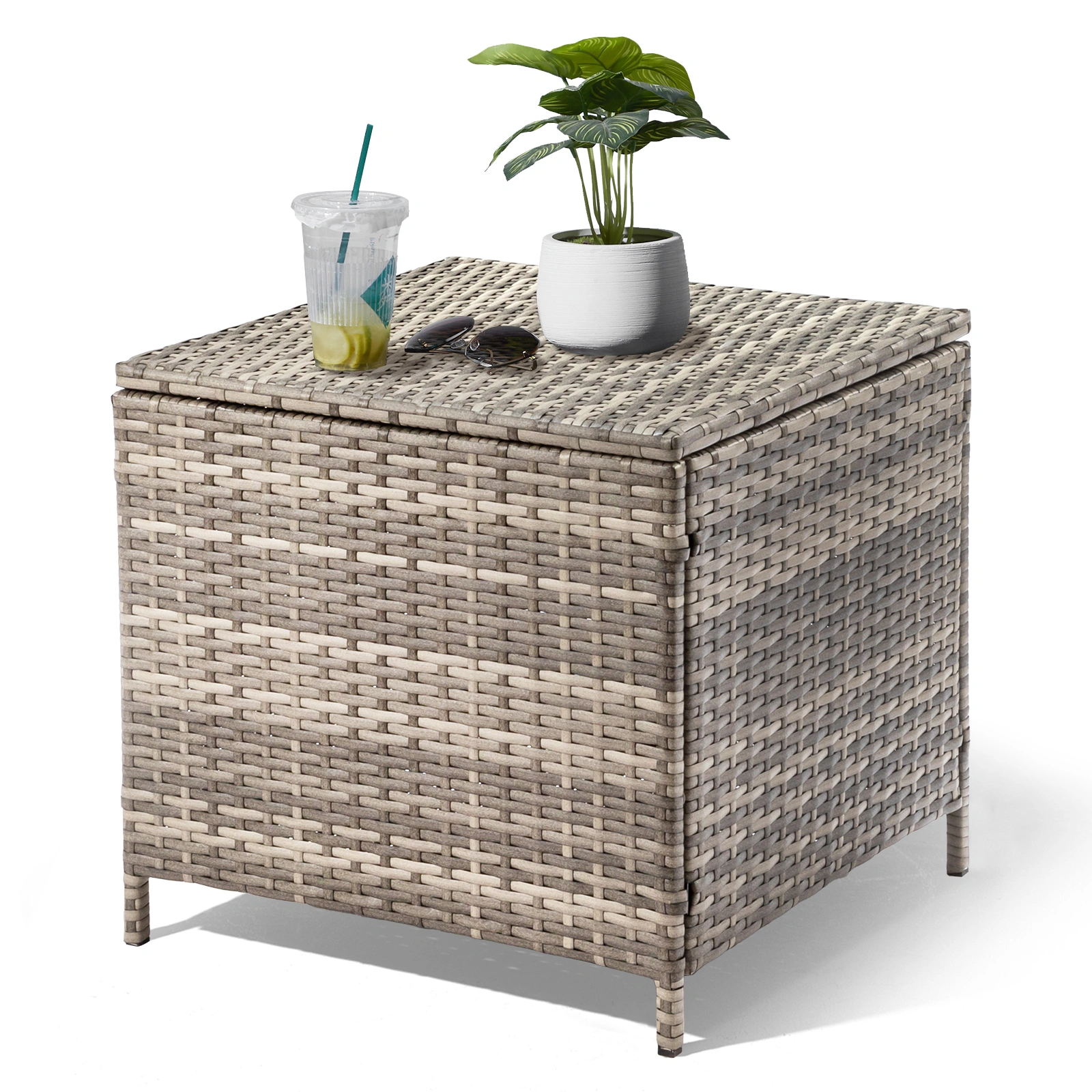 Grey Outdoor PE Wicker Side Table, Square Patio Rattan End Table with Storage Compartment