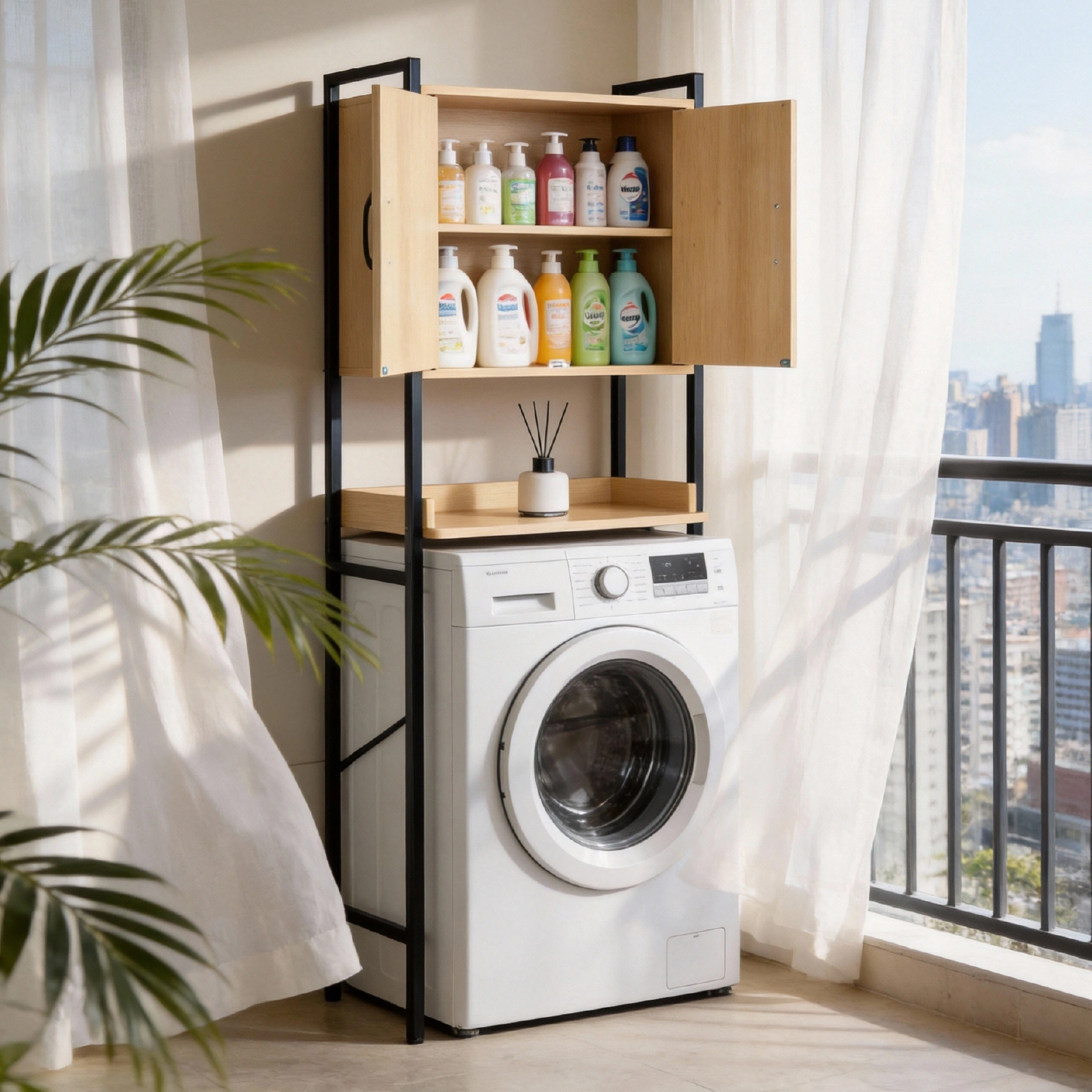 Wood Grain Embossed Toilet Cabinet MDF Melamine Veneer Square Tubing 64.5x30x171cm Double Doors 1 Shelf Bath Storage