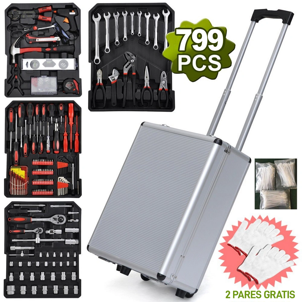 799pcs Aluminum Tool Set in Trolley Case, Silver Finish, Complete Mechanic Wrench & Socket Kit with Organizer