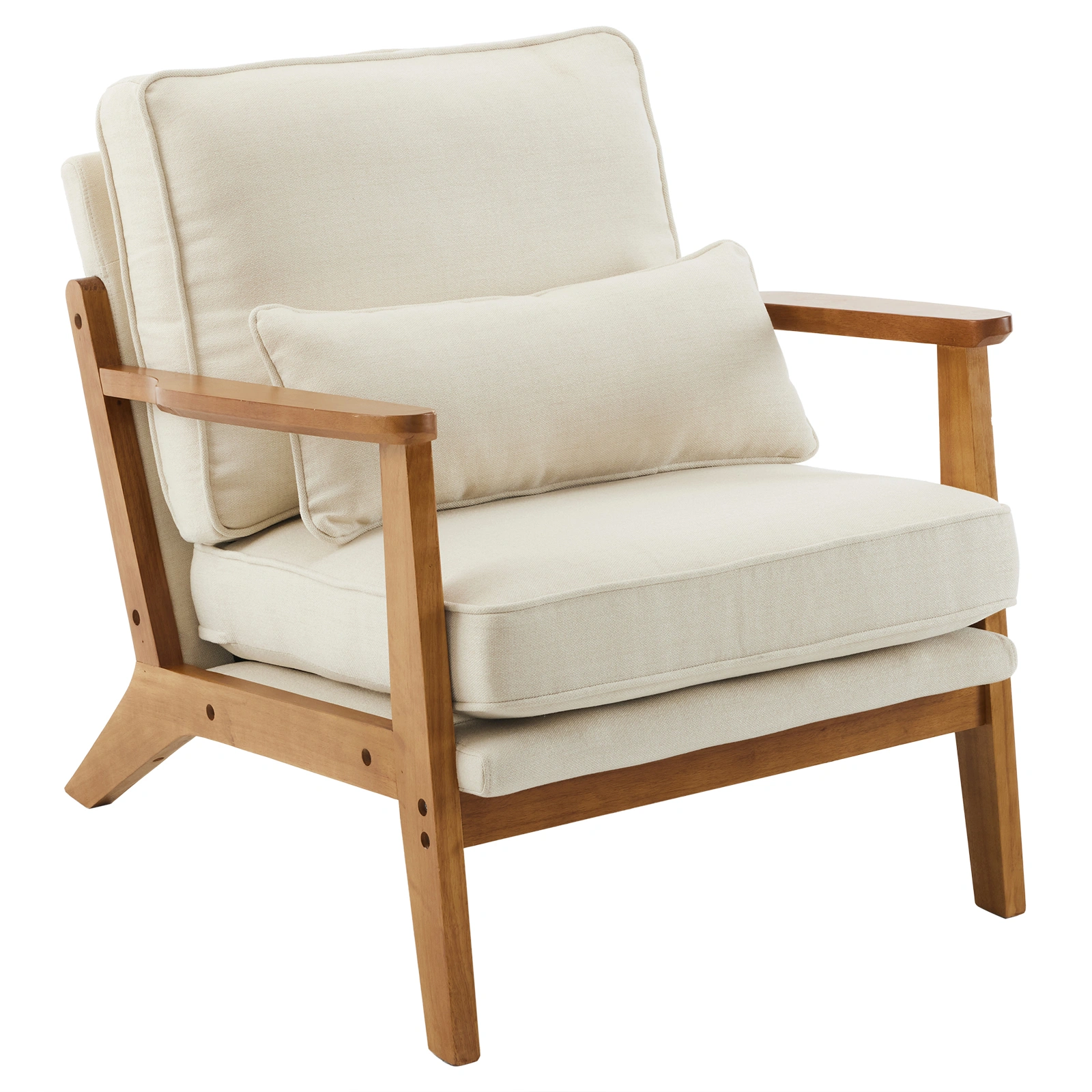 Oak Armrest Upholstered Single Lounge Chair, Off-White Indoor Accent Chair with Solid Wood Frame