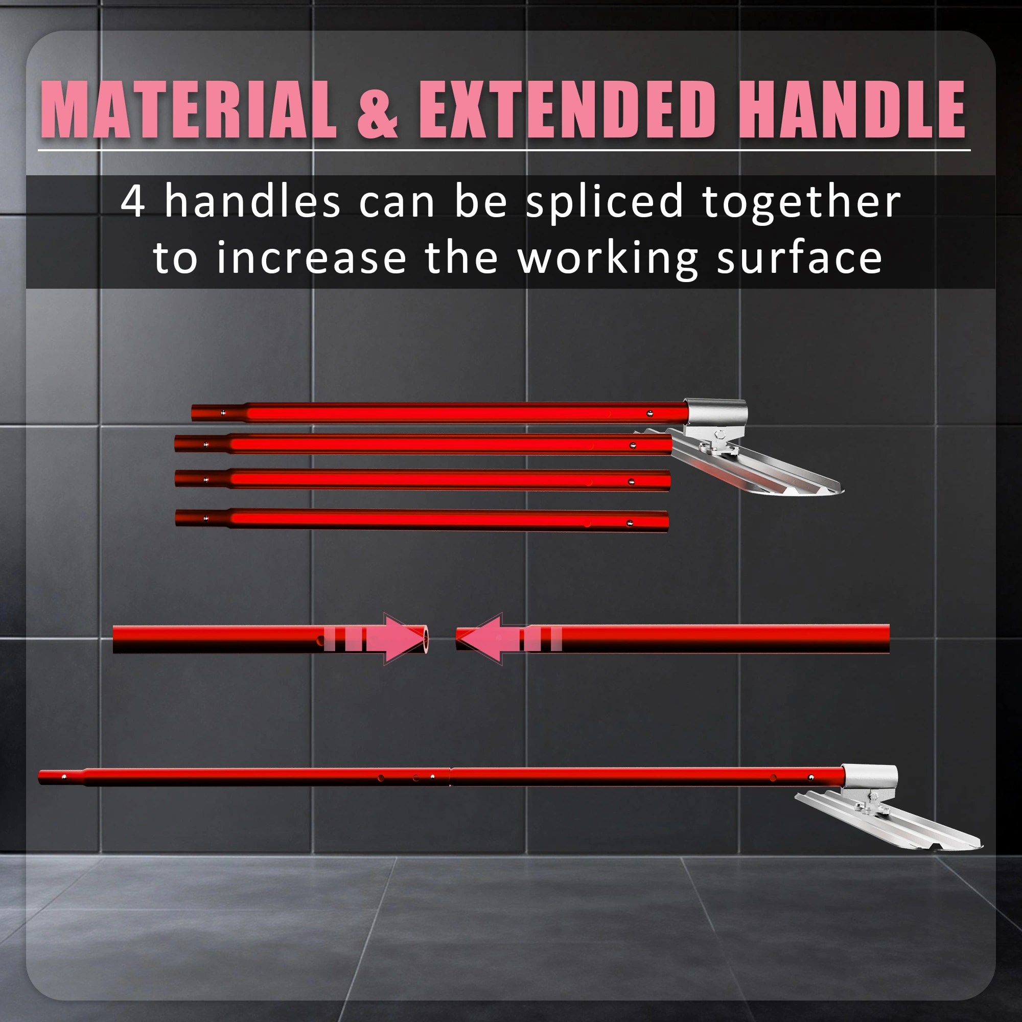 48''x8'' Concrete Bull Float with T Trowel, Aluminium Alloy Finish Tool, Adjustable Bracket, 4 Handles, Red, Pro Smoothing for Construction view 2