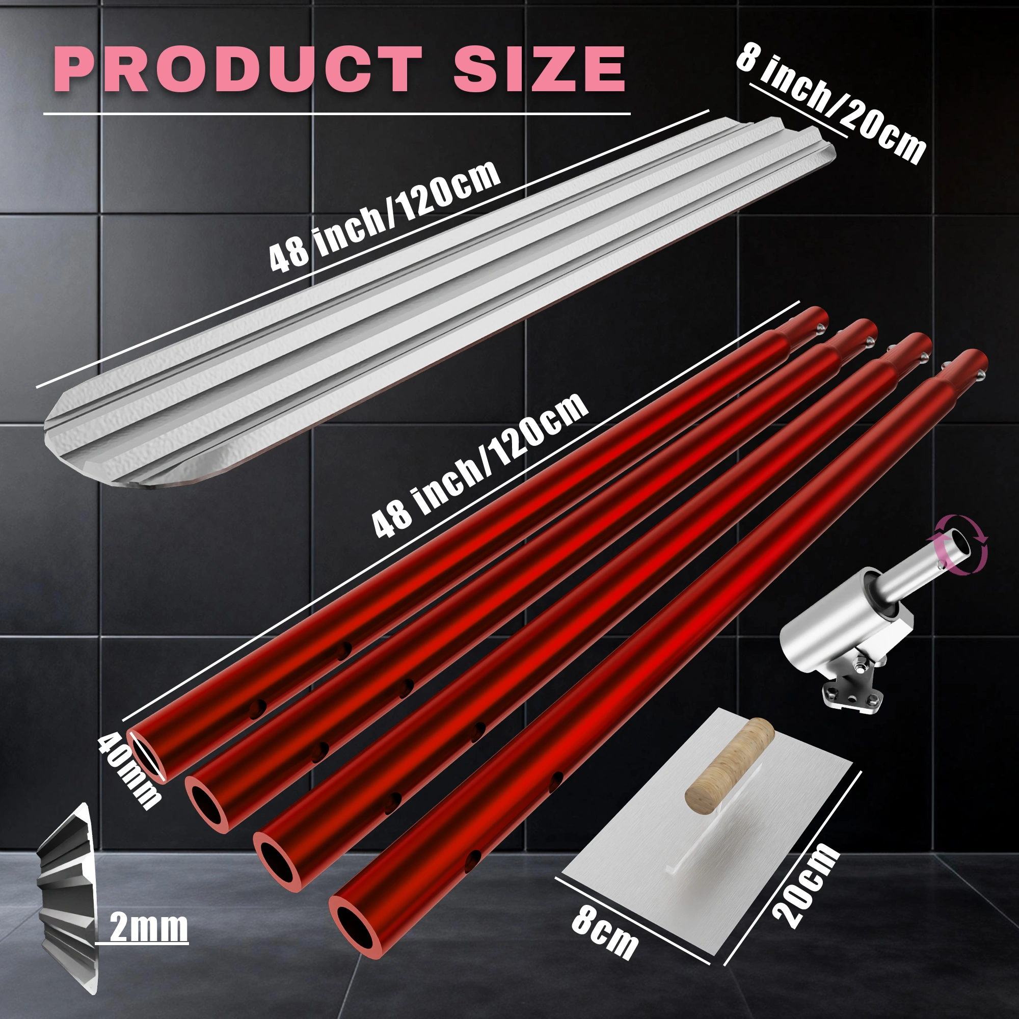 48''x8'' Concrete Bull Float with T Trowel, Aluminium Alloy Finish Tool, Adjustable Bracket, 4 Handles, Red, Pro Smoothing for Construction view 3