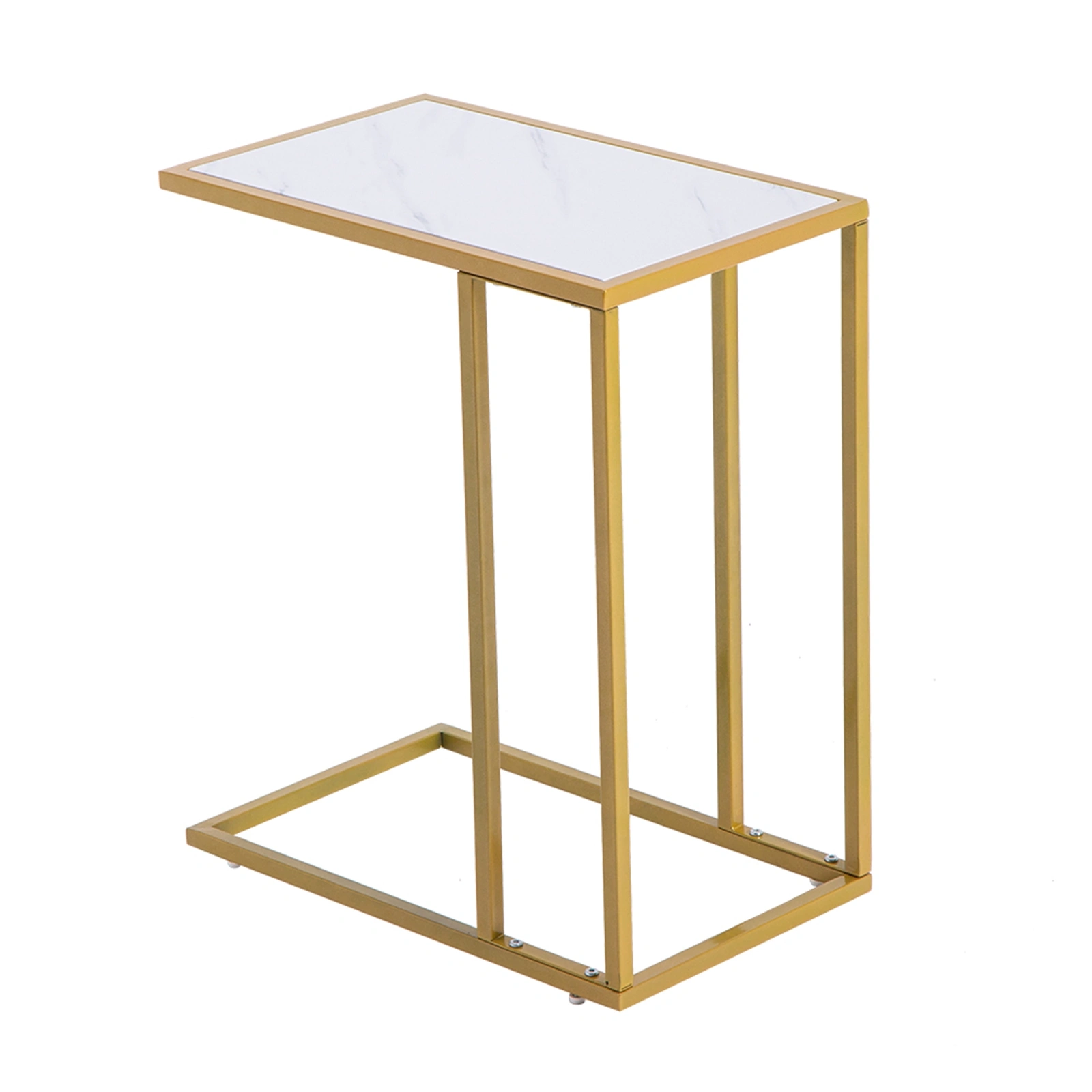 Modern Marble C-Shape Side Table with Storage Shelf, Round White Nightstand for Living Room Bedroom