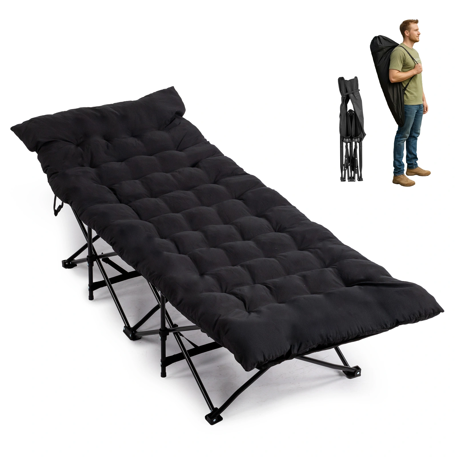 Folding Camping Cot with Soft Pad - Portable Outdoor Sleeping Bed for Adults, Lightweight Travel Cot - Black
