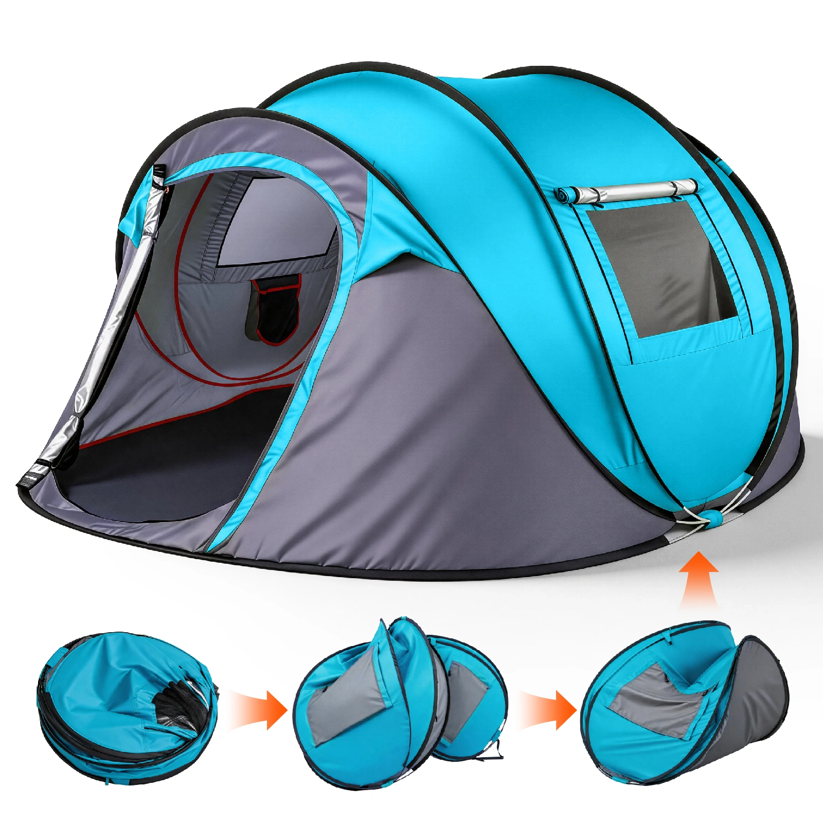 4 Person Pop Up Camping Tent, Waterproof Instant Family Tent with Front Awning, Automatic Throw Up Flip Tent - Blue