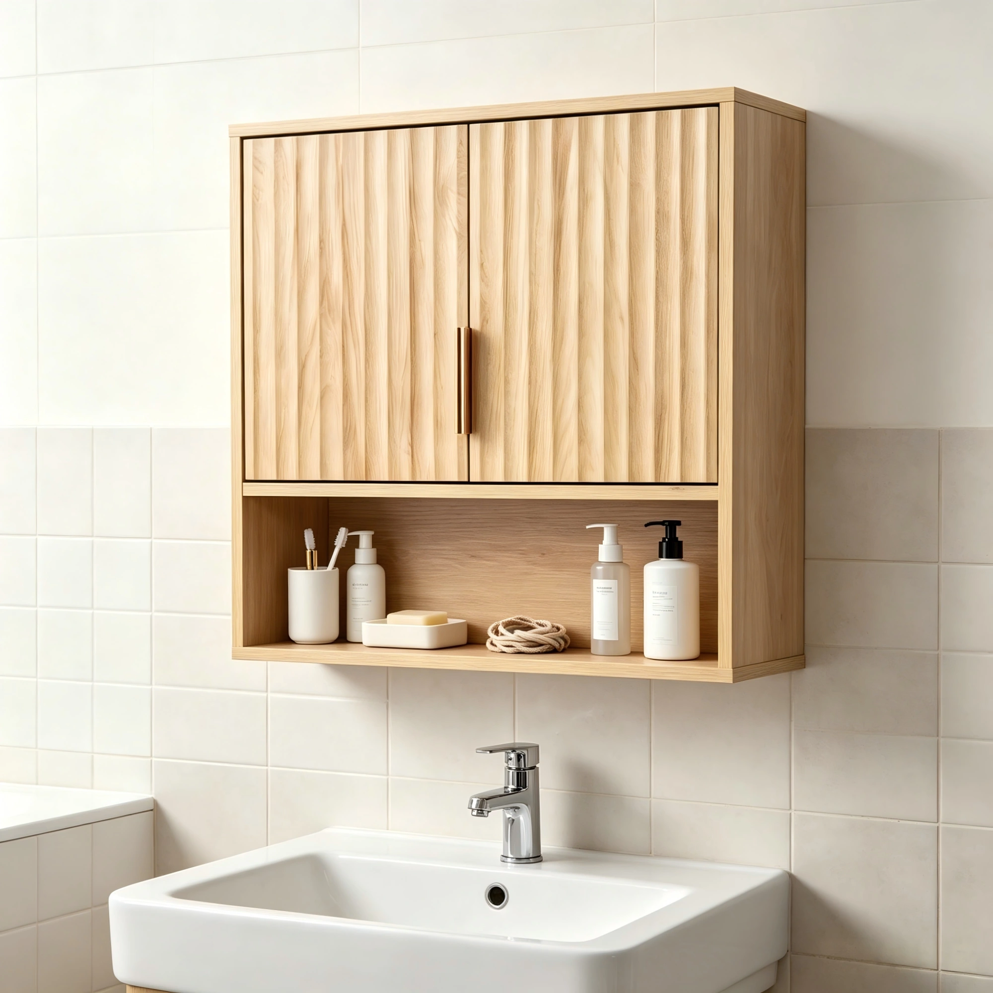 2-Door 3-Tier Slatted Bathroom Wall Storage Cabinet 24.49"x22.83"x8.07" Oak Finish
