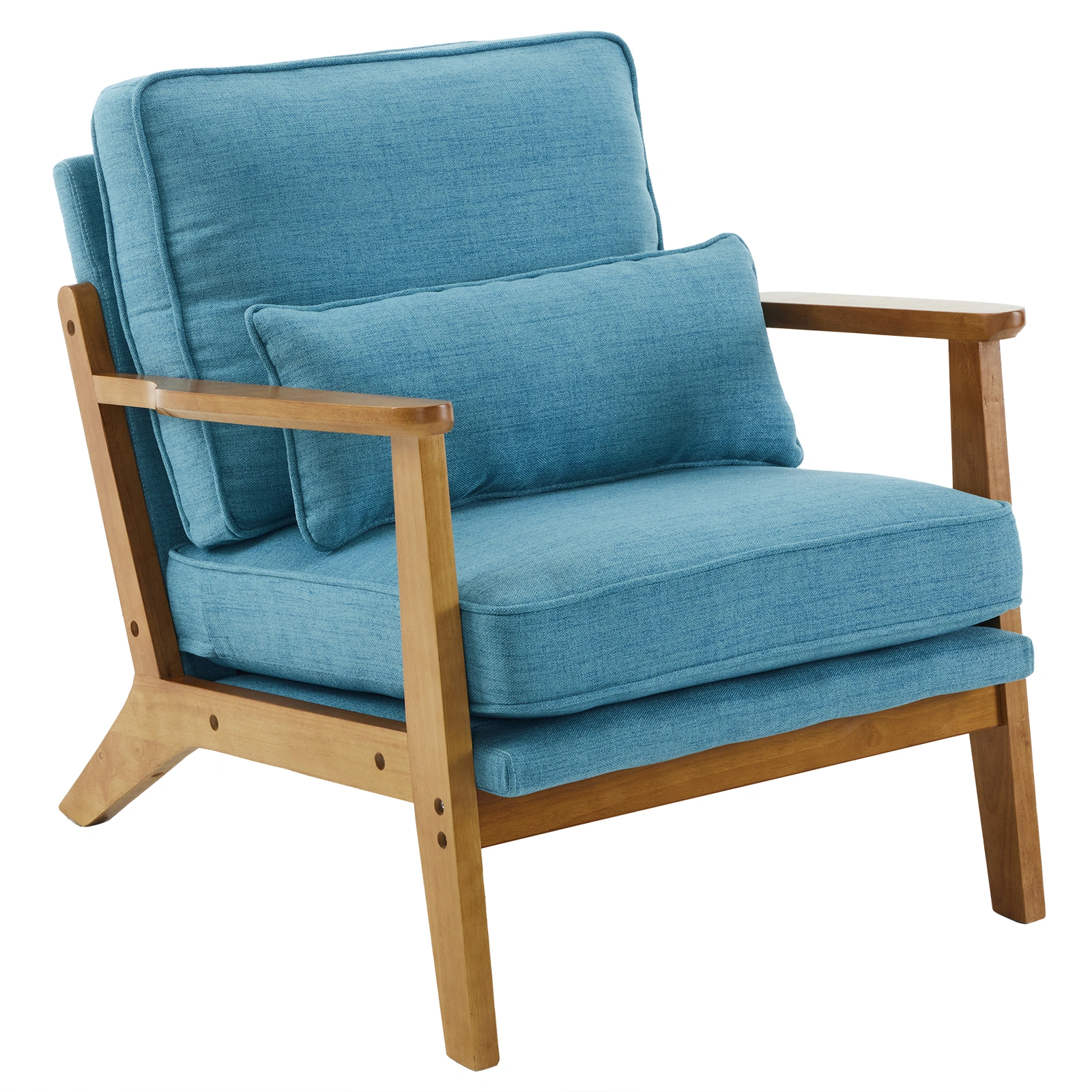 Mid-Century Accent Chair in Navy Blue Linen-Cotton Upholstery, Oak Wood Frame, 330 LBS Capacity, Sturdy Indoor Lounge Armchair