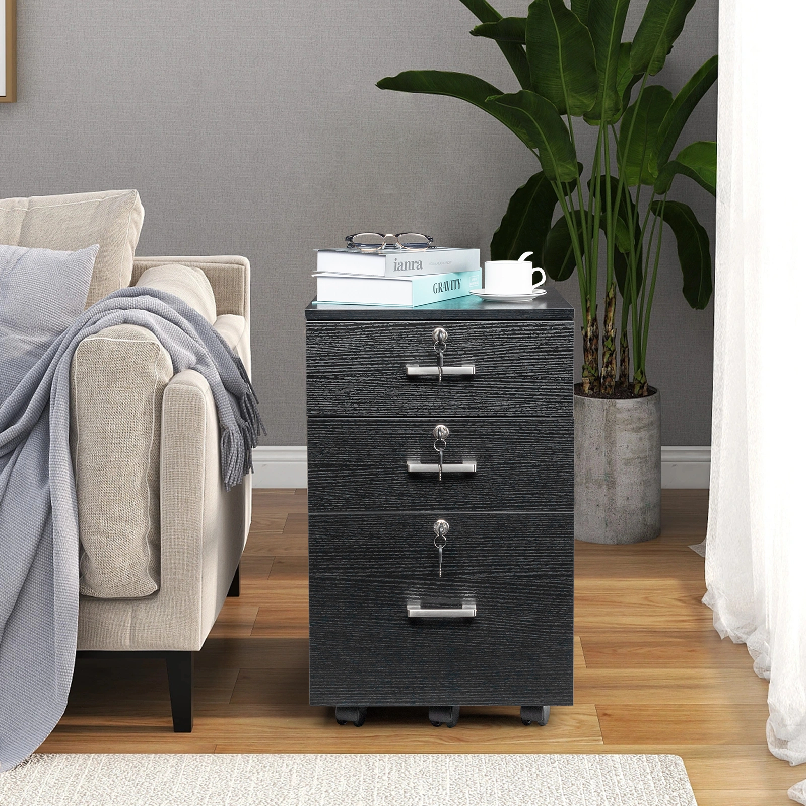 Black Wood Grain 3-Drawer Filing Cabinet, Wooden Storage File Cabinet with Lock