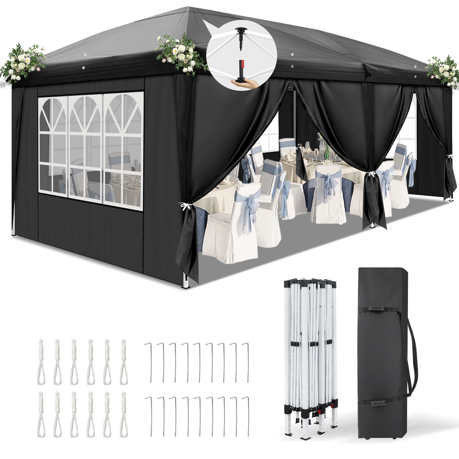 10x20' Pop Up Canopy Tent Black, Instant Outdoor Gazebo with 6 Panels 2 Doors 4 Mesh Windows, Powder Coated Steel Frame, 210D Oxford Fabric with Carry Bag