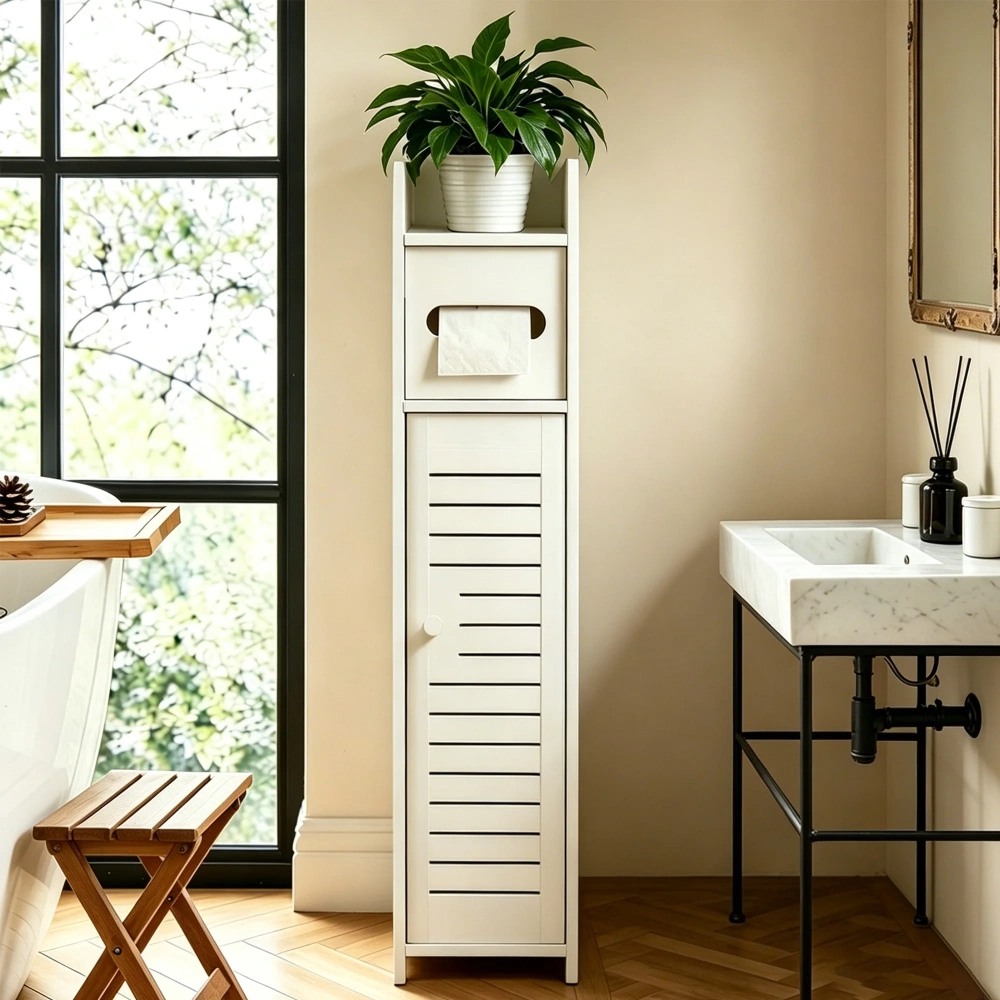 Narrow Bathroom Storage Cabinet, Freestanding Slim Floor Cabinet with Doors & Shelves, Toilet Paper Holder, Space-Saving Organizer for Small Bathrooms