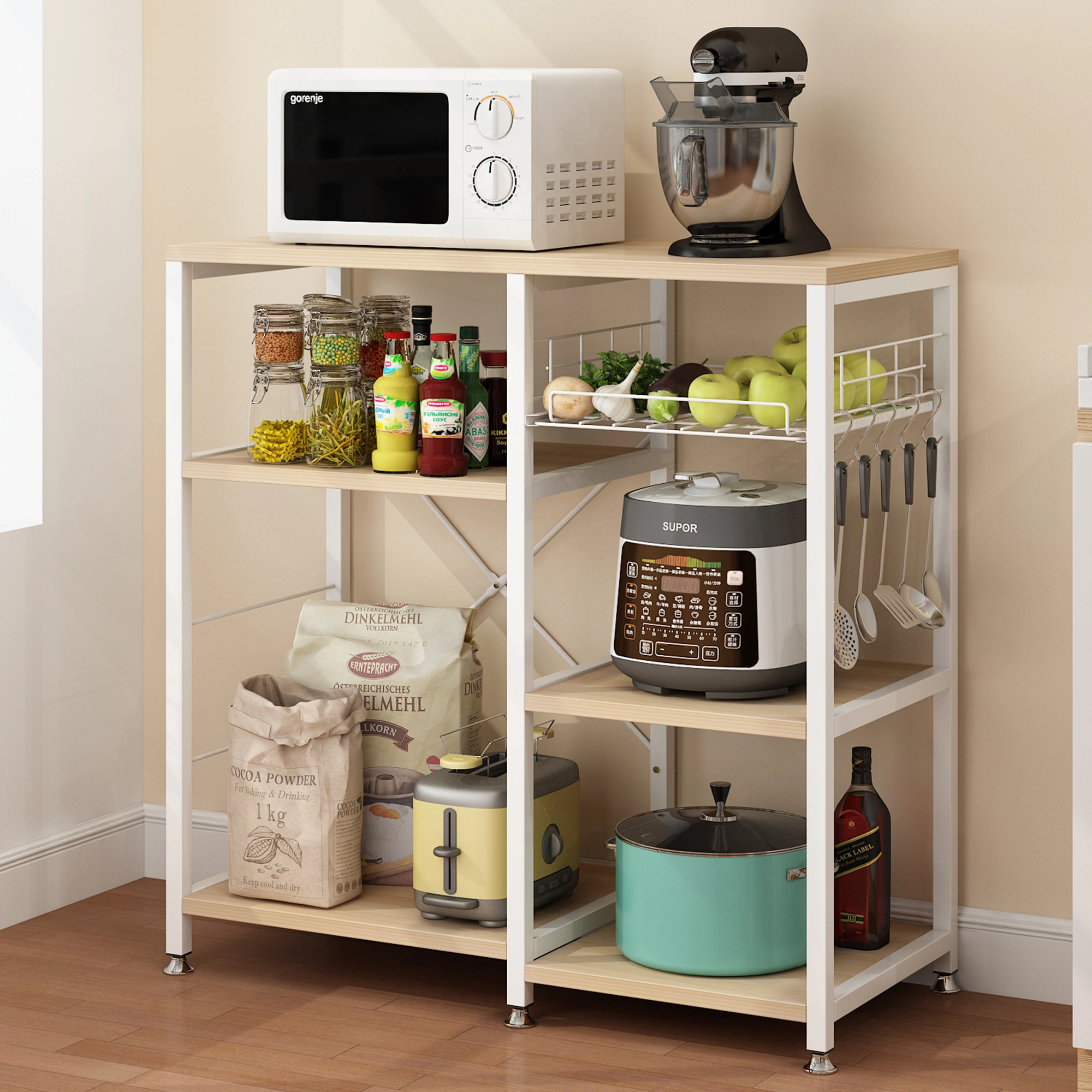 3-Tier Kitchen Baker's Rack with Microwave Oven Stand, Utility Storage Cart & Workstation Shelf, White Oak Finish