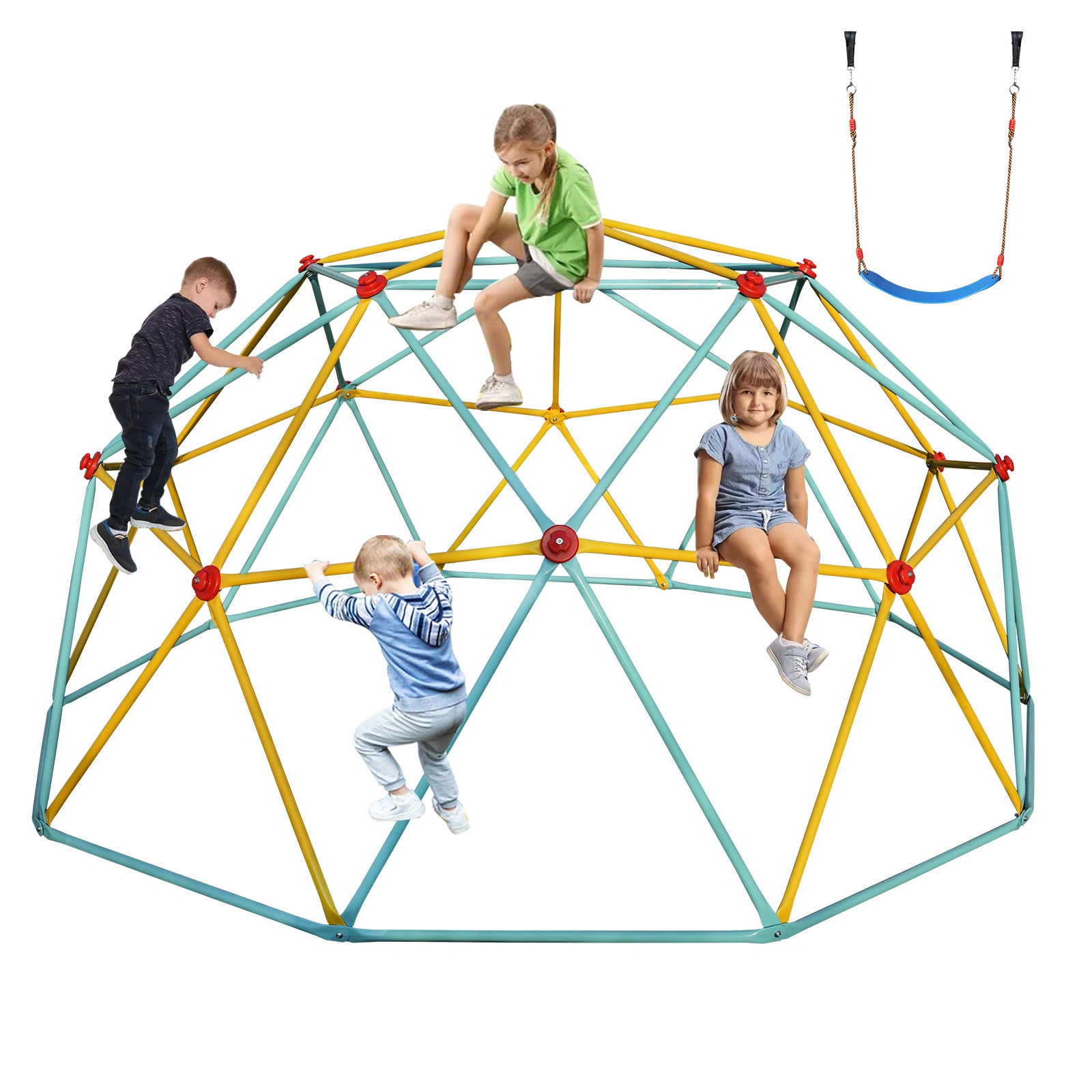10FT Kids Climbing Dome Jungle Gym, Blue Playground Dome Climber with Swing Set for Indoor Outdoor Play