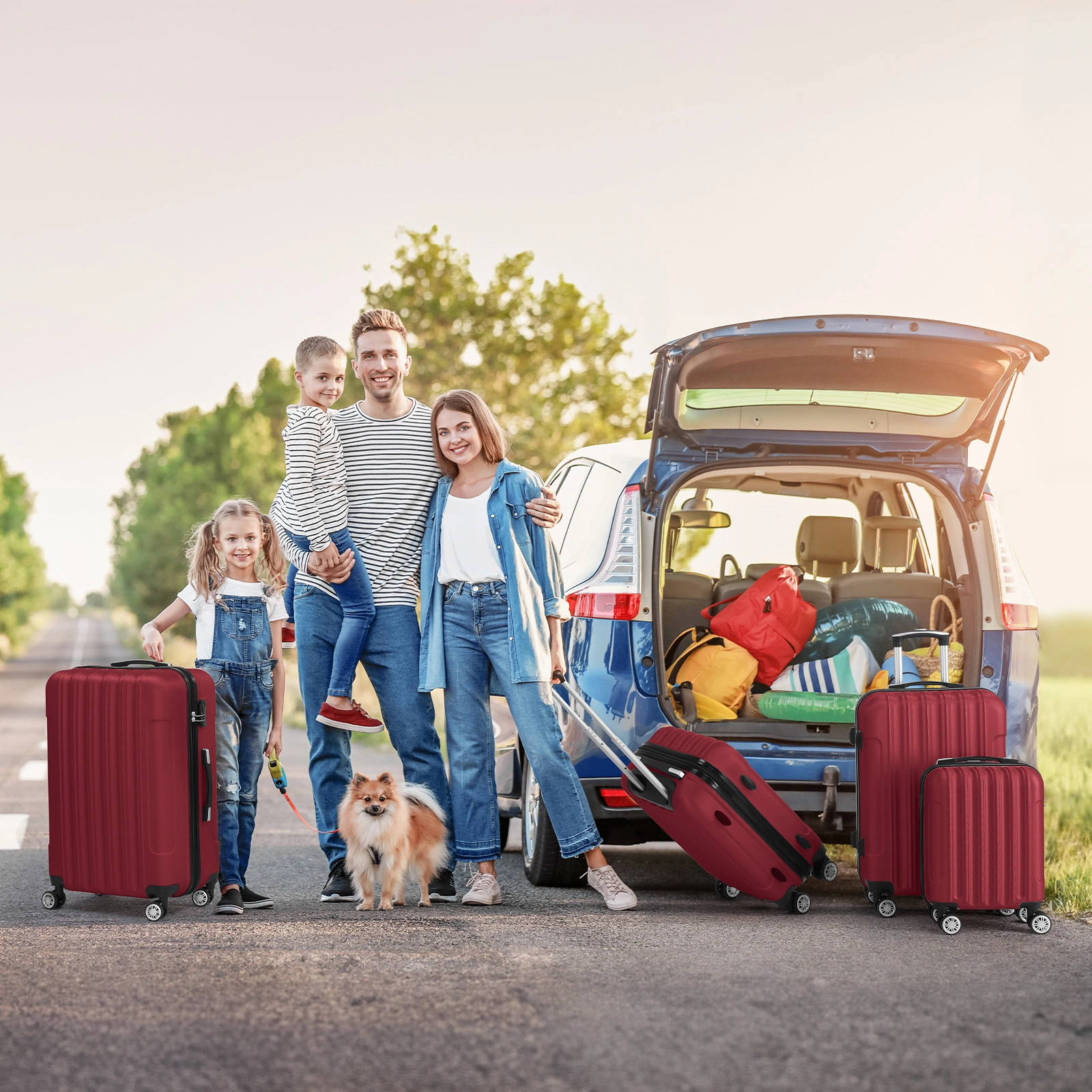 ABS 4-Piece Luggage Set with Vertical Stripe, 16/20/24/28in Suitcases, Steel Telescopic Handle, Classic Burgundy view 2