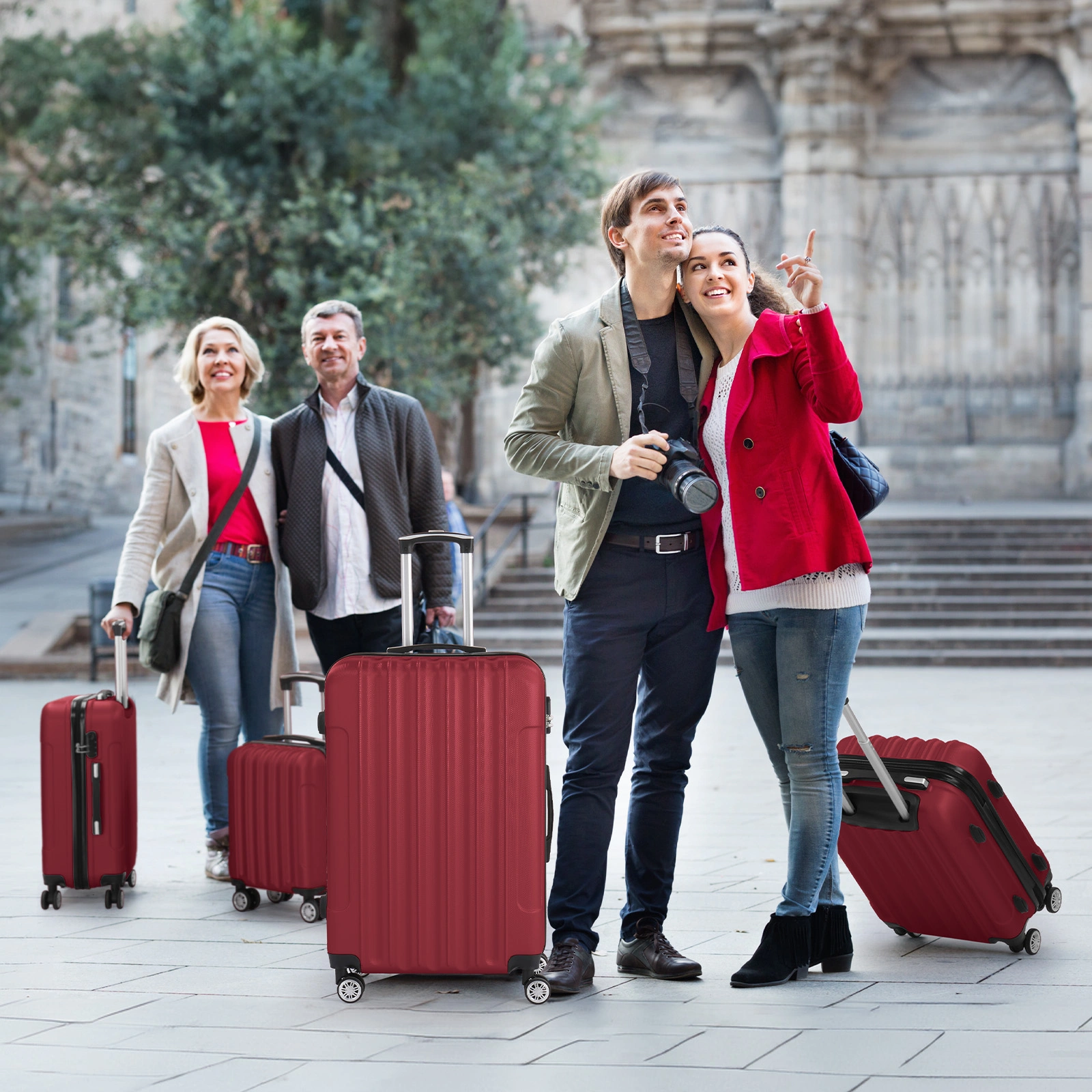ABS 4-Piece Luggage Set with Vertical Stripe, 16/20/24/28in Suitcases, Steel Telescopic Handle, Classic Burgundy view 3
