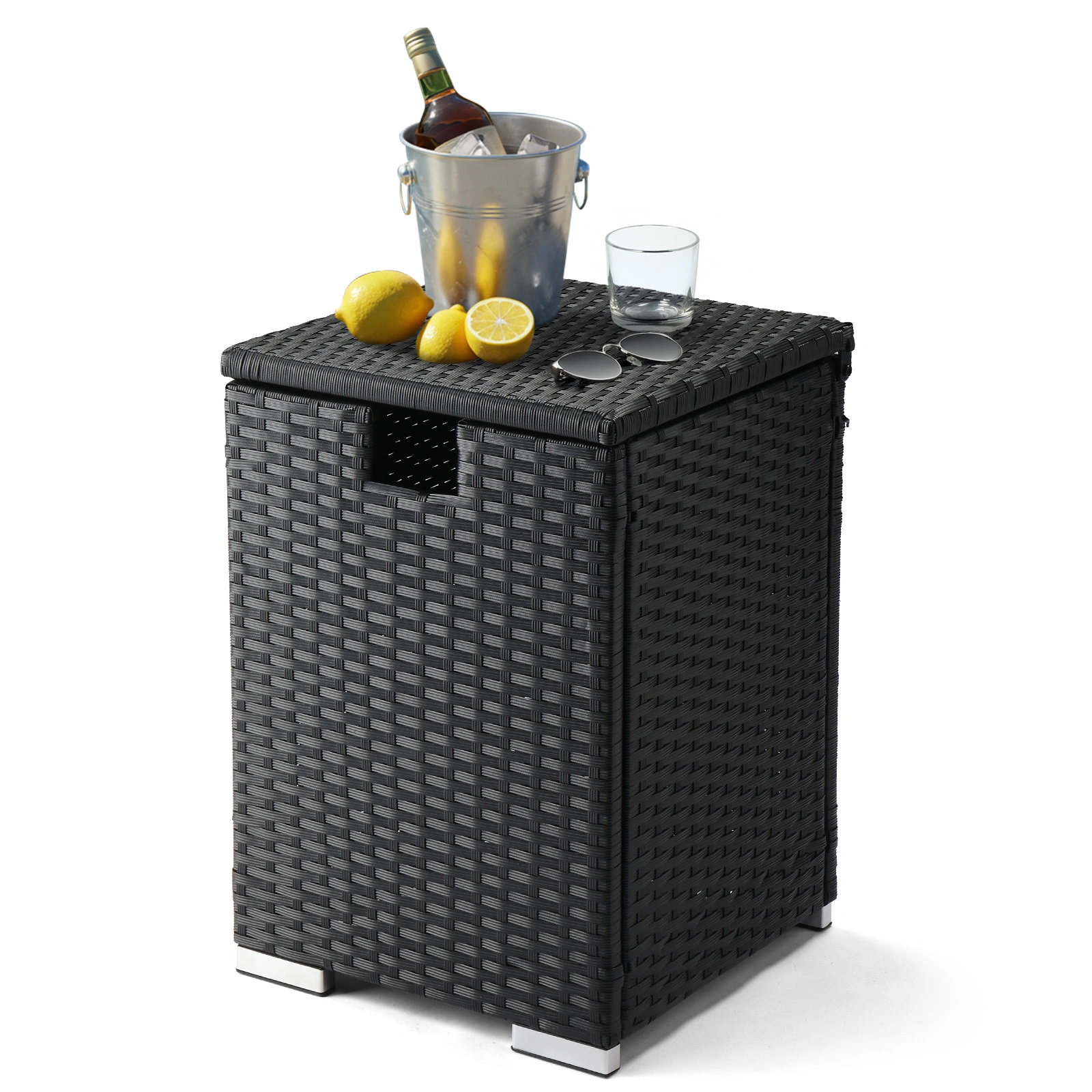 Rattan Side Table 40x40x57cm Iron Frame with Gas Bottle Storage Black Gradient Outdoor Patio Table