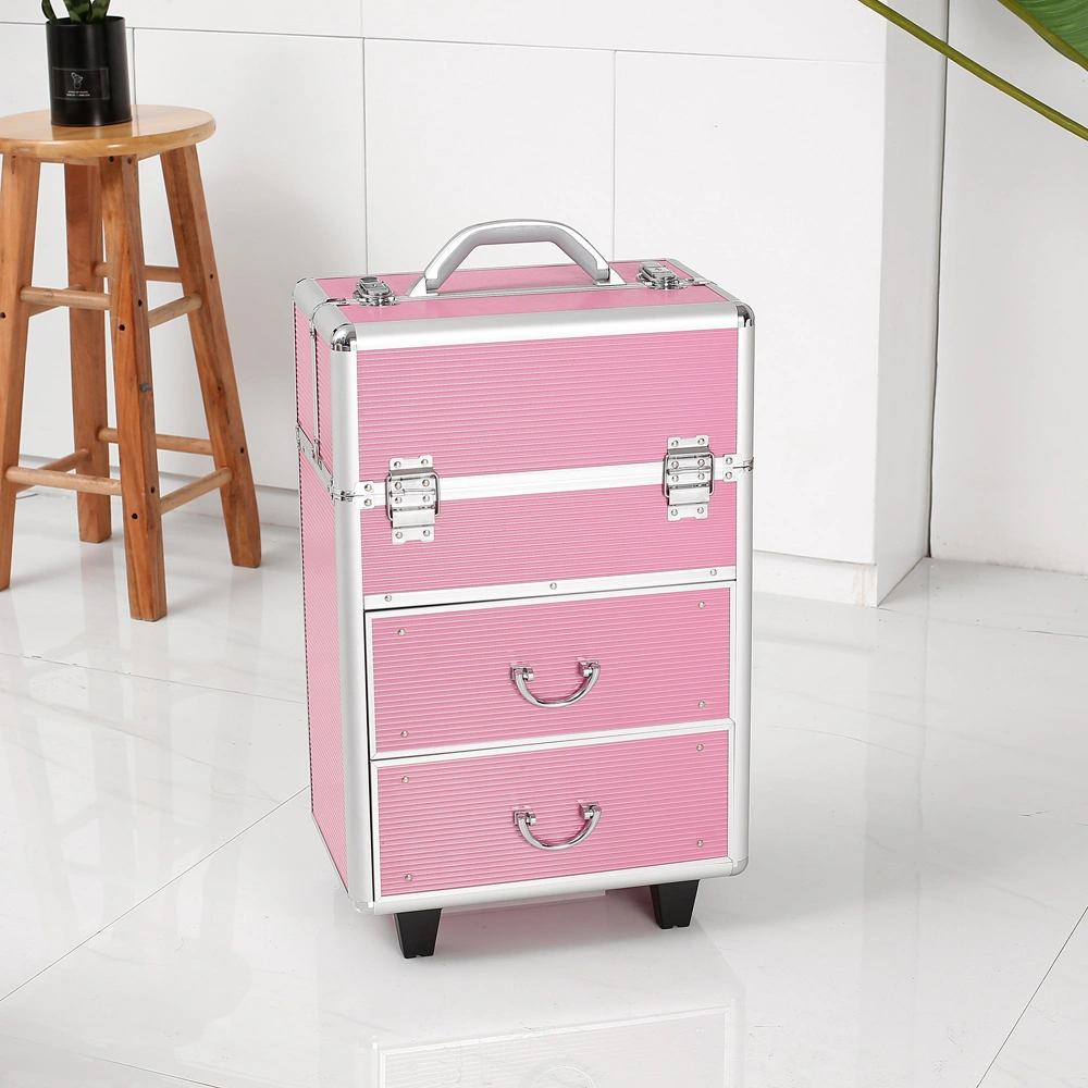 4-Tier Lockable Cosmetic Makeup Train Case with Extendable Trays Organizer - Pink