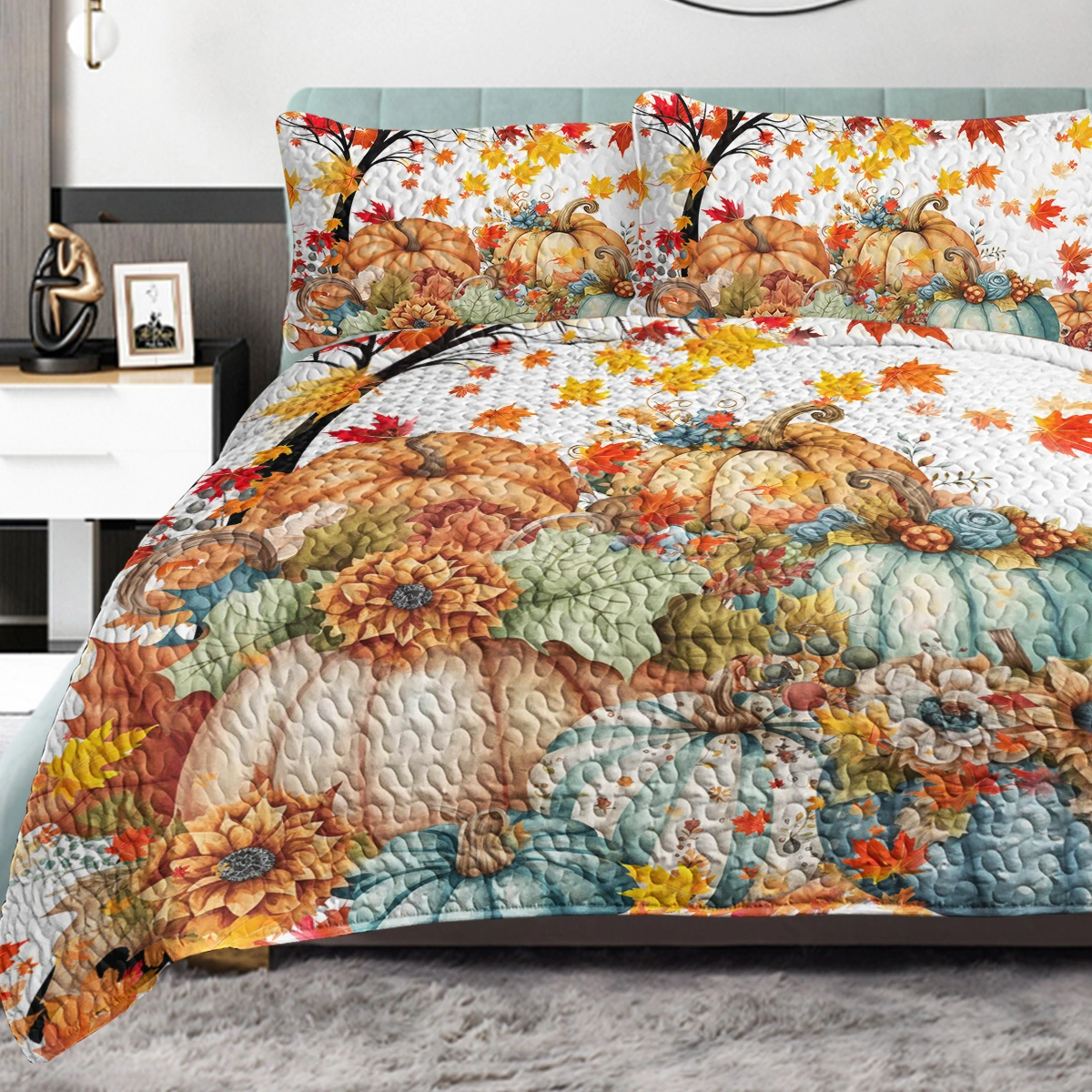 3PCS Pumpkin Oil Painting Quilt Set King Size, Fall Leaves Flower Bedding with 2 Pillowcases, All Seasons Comforter for Kids Adults - Thanksgiving Gift