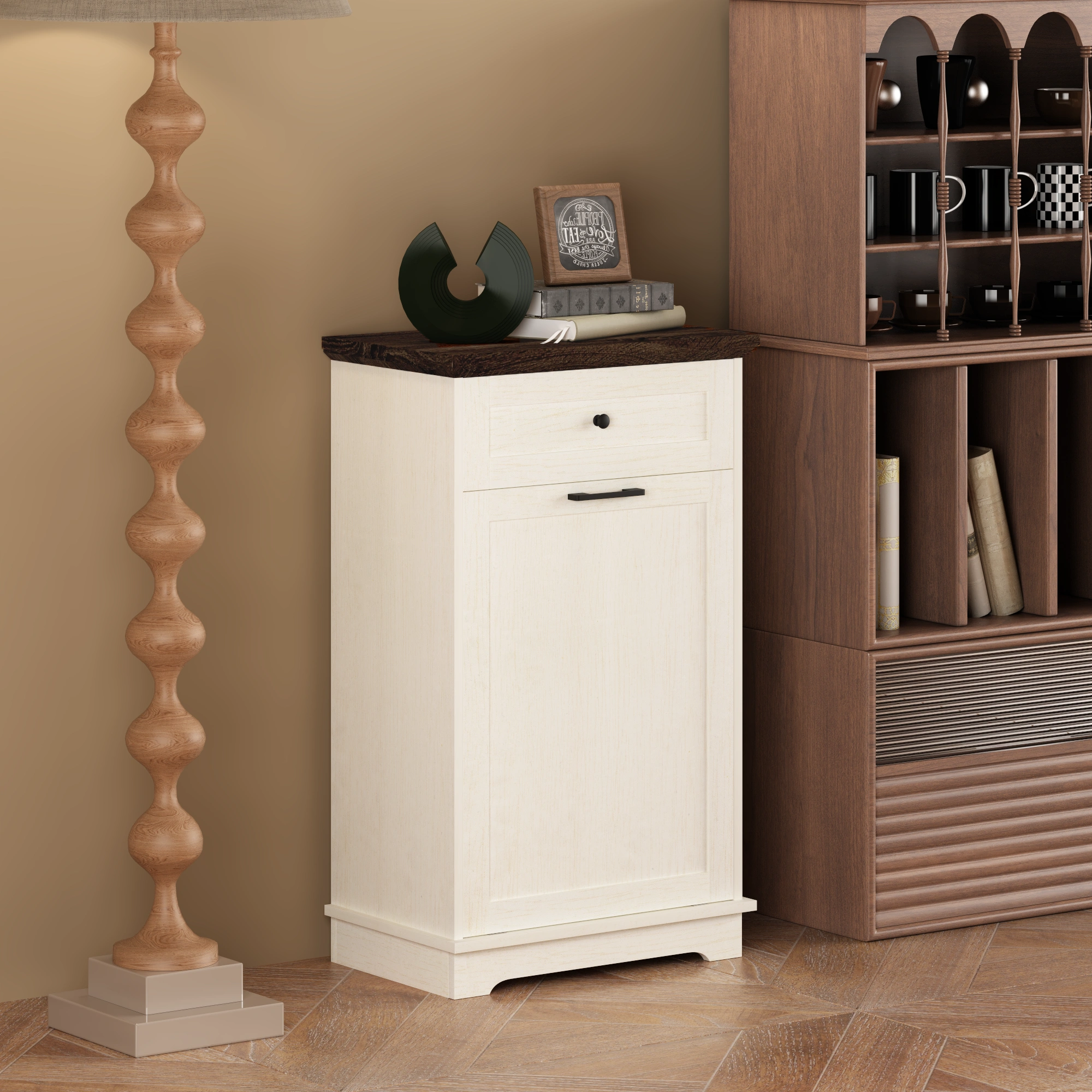 10 Gallon Tilt Out Trash Cabinet Freestanding Wood Garbage Recycling Bin Holder with Hideaway Drawer, Pet Proof Trash Can Cupboard for Kitchen, Antique White (Can Not Included)