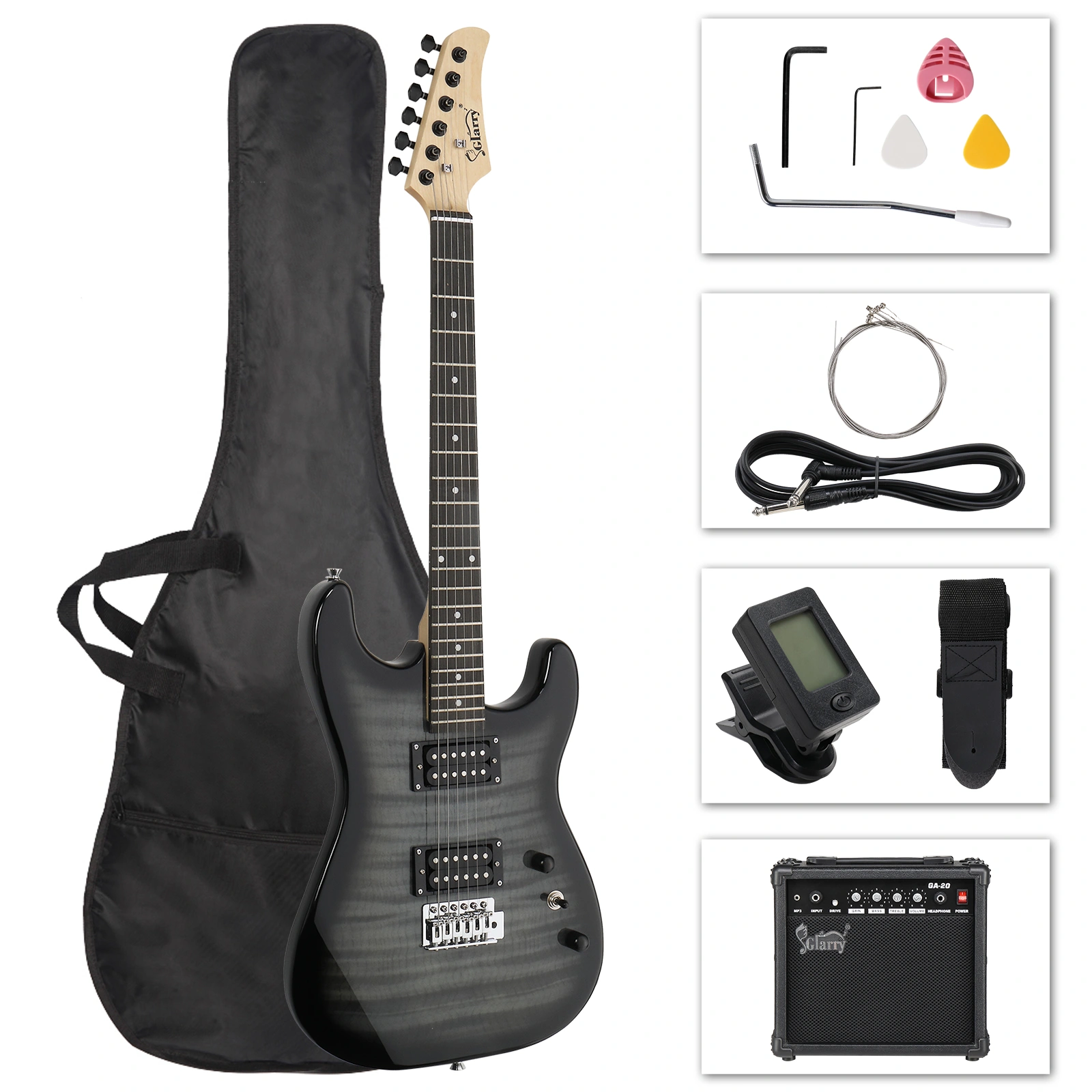 GST Electric Guitar Kit Tiger Stripe H-H Pickup, 20W Amp, Gig Bag & Strap, Black