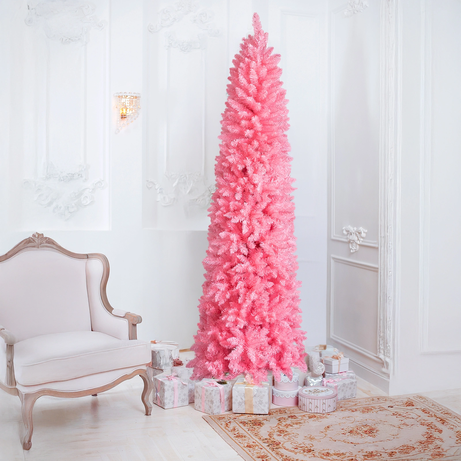 7.5 FT Hinged Pencil Christmas Tree Artificial Unlit, 1075 Branch Tips w/Sturdy Stand, Pink