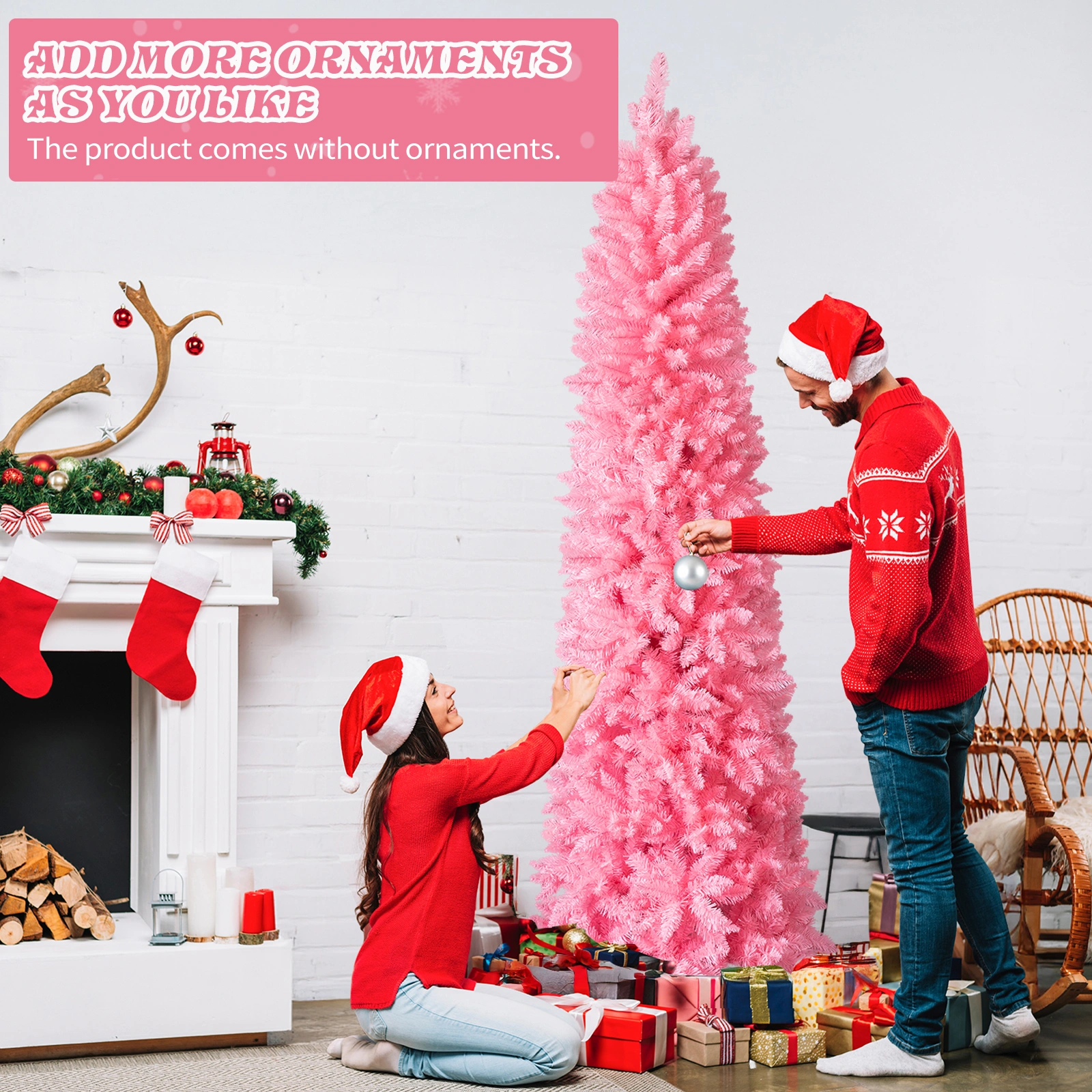 7.5 FT Hinged Pencil Christmas Tree Artificial Unlit, 1075 Branch Tips w/Sturdy Stand, Pink view 10