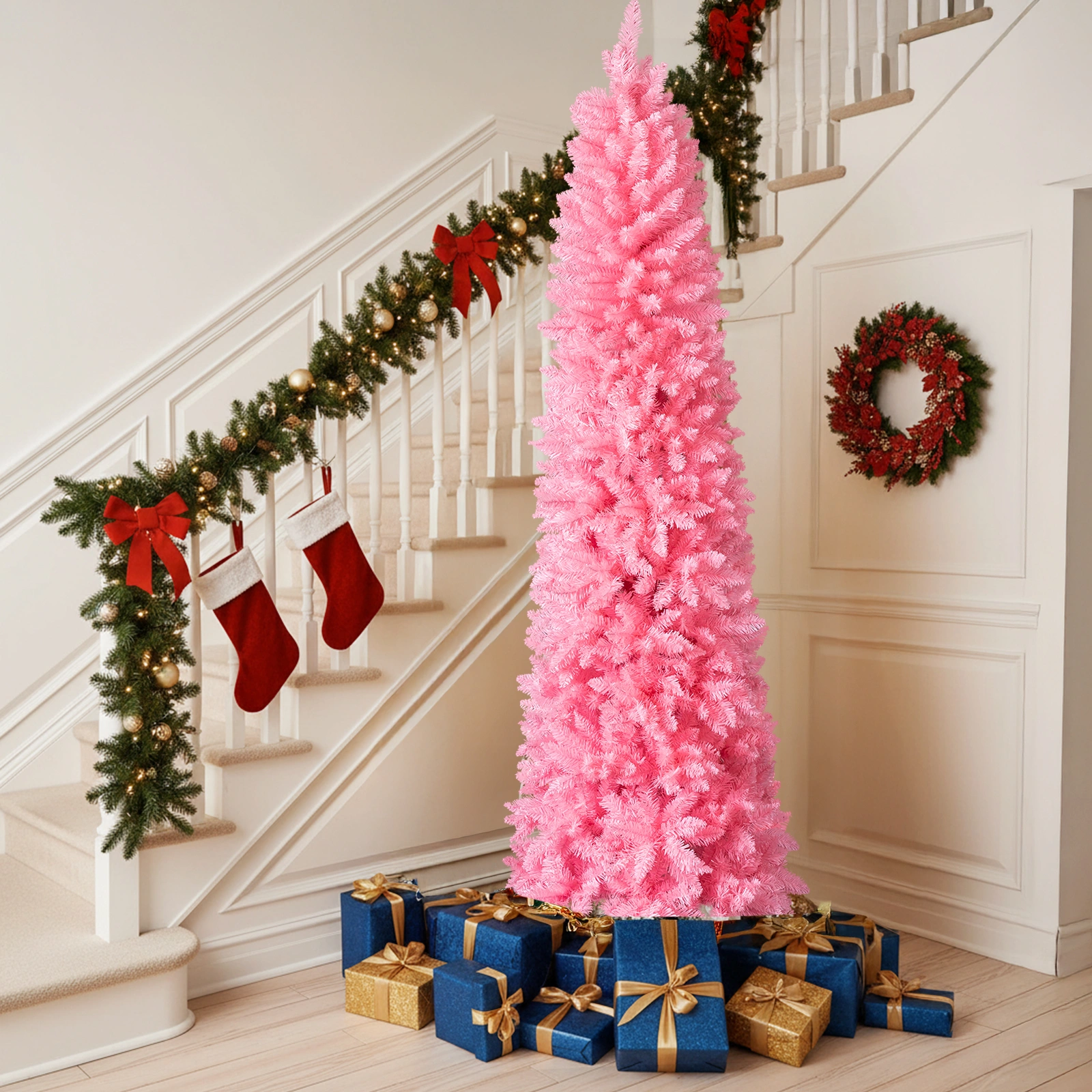 7.5 FT Hinged Pencil Christmas Tree Artificial Unlit, 1075 Branch Tips w/Sturdy Stand, Pink view 2