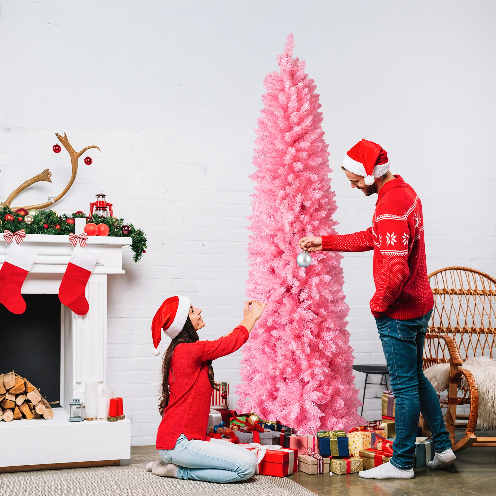 7.5 FT Hinged Pencil Christmas Tree Artificial Unlit, 1075 Branch Tips w/Sturdy Stand, Pink view 3