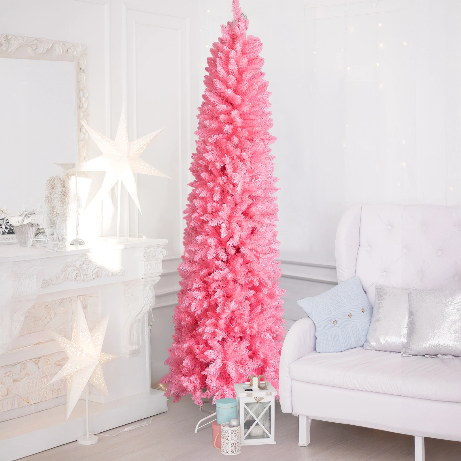 7.5 FT Hinged Pencil Christmas Tree Artificial Unlit, 1075 Branch Tips w/Sturdy Stand, Pink view 4