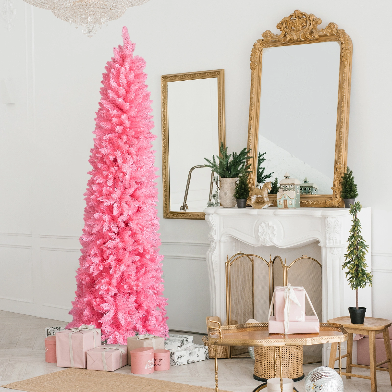 7.5 FT Hinged Pencil Christmas Tree Artificial Unlit, 1075 Branch Tips w/Sturdy Stand, Pink view 5