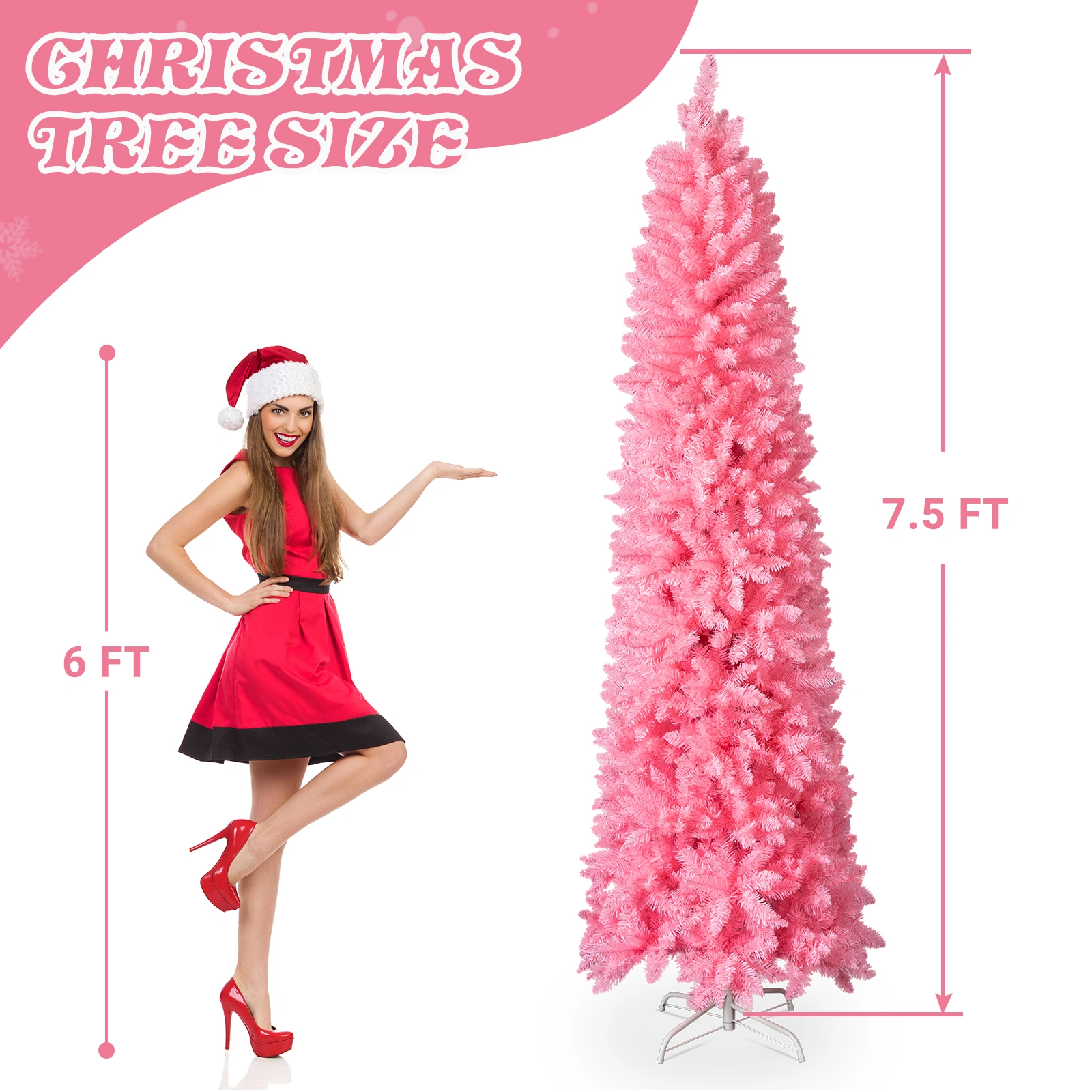7.5 FT Hinged Pencil Christmas Tree Artificial Unlit, 1075 Branch Tips w/Sturdy Stand, Pink view 6